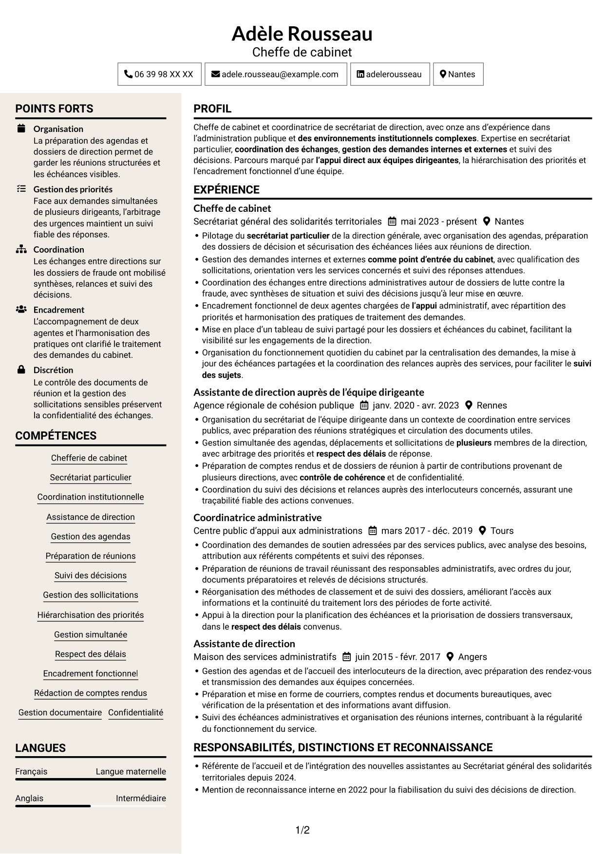 CV Fonceur (format à deux colonnes avec en-tête centré sans photo) : Chef de cabinet - Coordination institutionnelle, page 1