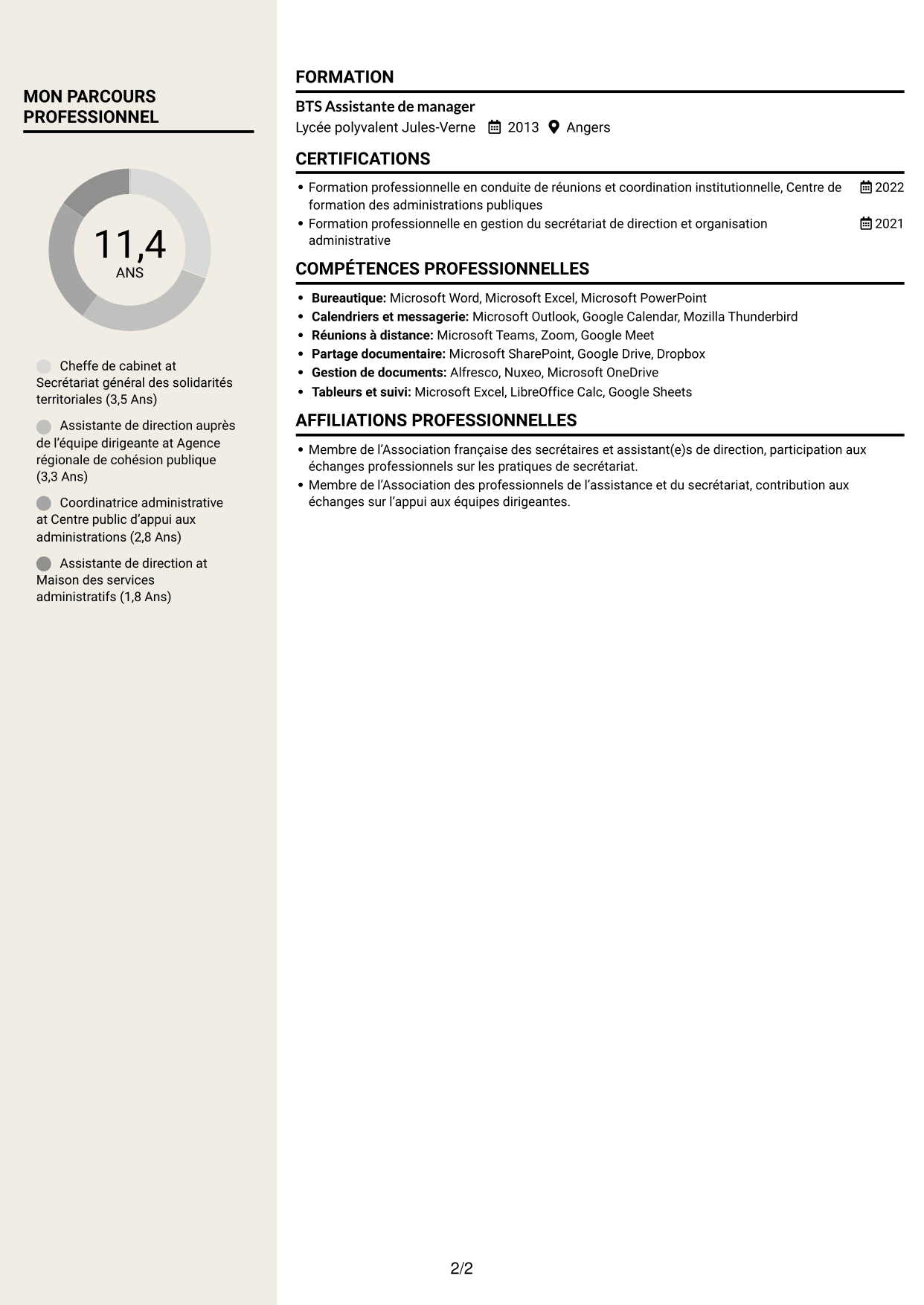 CV Fonceur (format à deux colonnes avec en-tête centré sans photo) : Chef de cabinet - Coordination institutionnelle, page 2