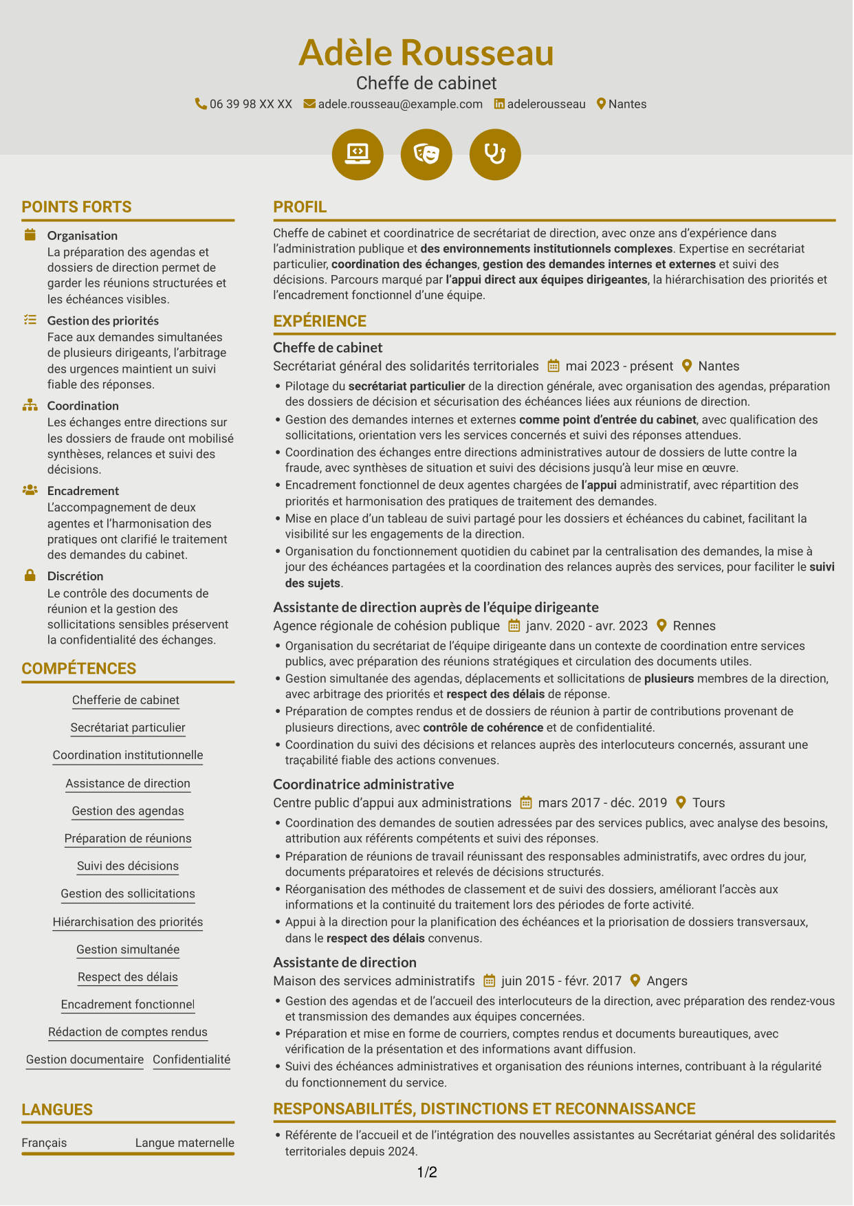 CV Dynamique (format à deux colonnes avec icônes) : Chef de cabinet - Coordination institutionnelle, page 1