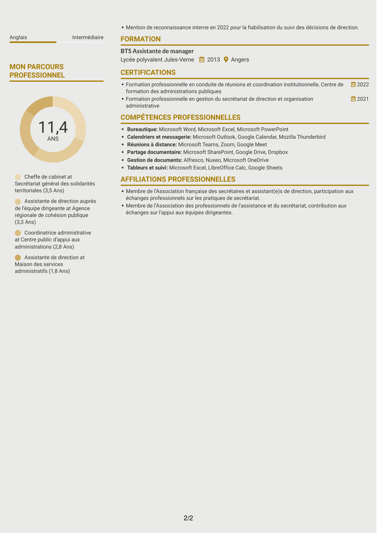 CV Dynamique (format à deux colonnes avec icônes) : Chef de cabinet - Coordination institutionnelle, page 2