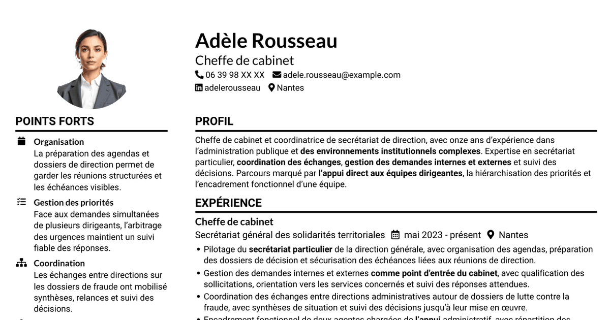 7 modèles de CV pour Chef de cabinet - Coordination institutionnelle, avec exemples