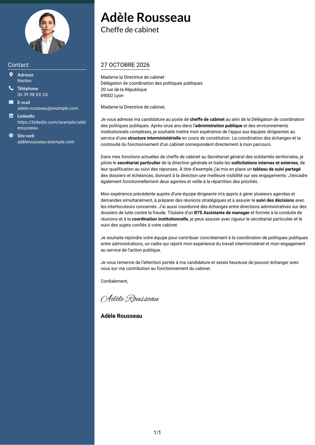 Lettre de motivation Élégant (format à colonne latérale colorée avec photo) : Chef de cabinet - Coordination institutionnelle, page 1