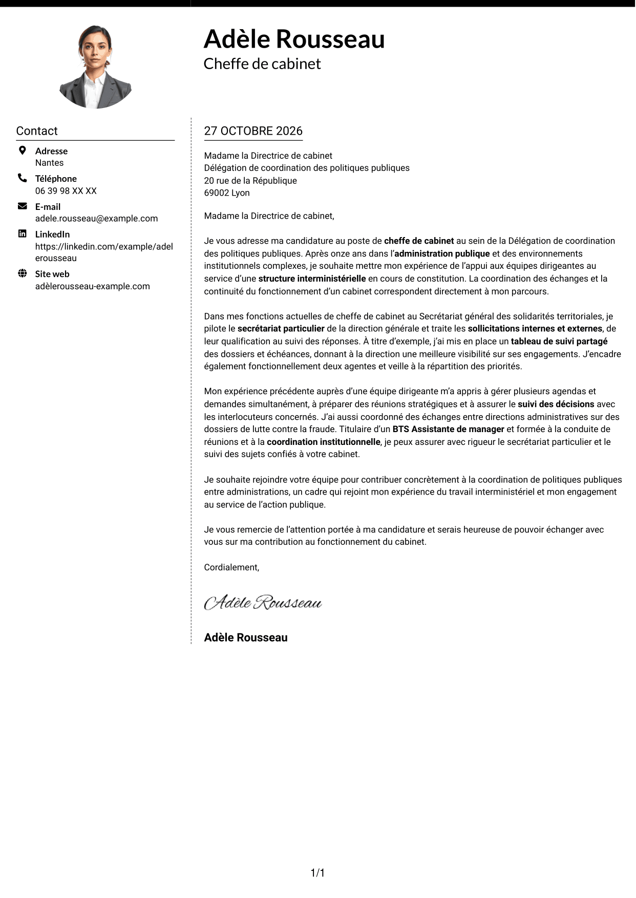 Lettre de motivation Moderne (format à deux colonnes avec photo à gauche et séparateur) : Chef de cabinet - Coordination institutionnelle, page 1