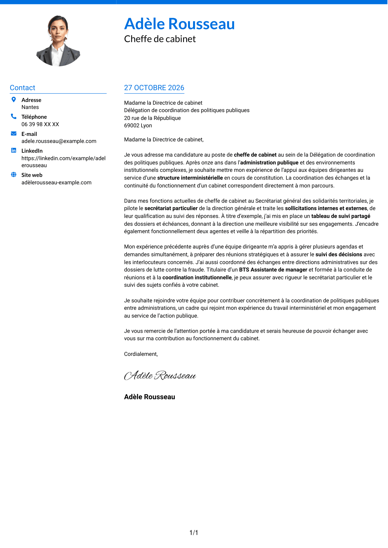 Lettre de motivation Audacieux (format à deux colonnes avec accents colorés et photo) : Chef de cabinet - Coordination institutionnelle, page 1
