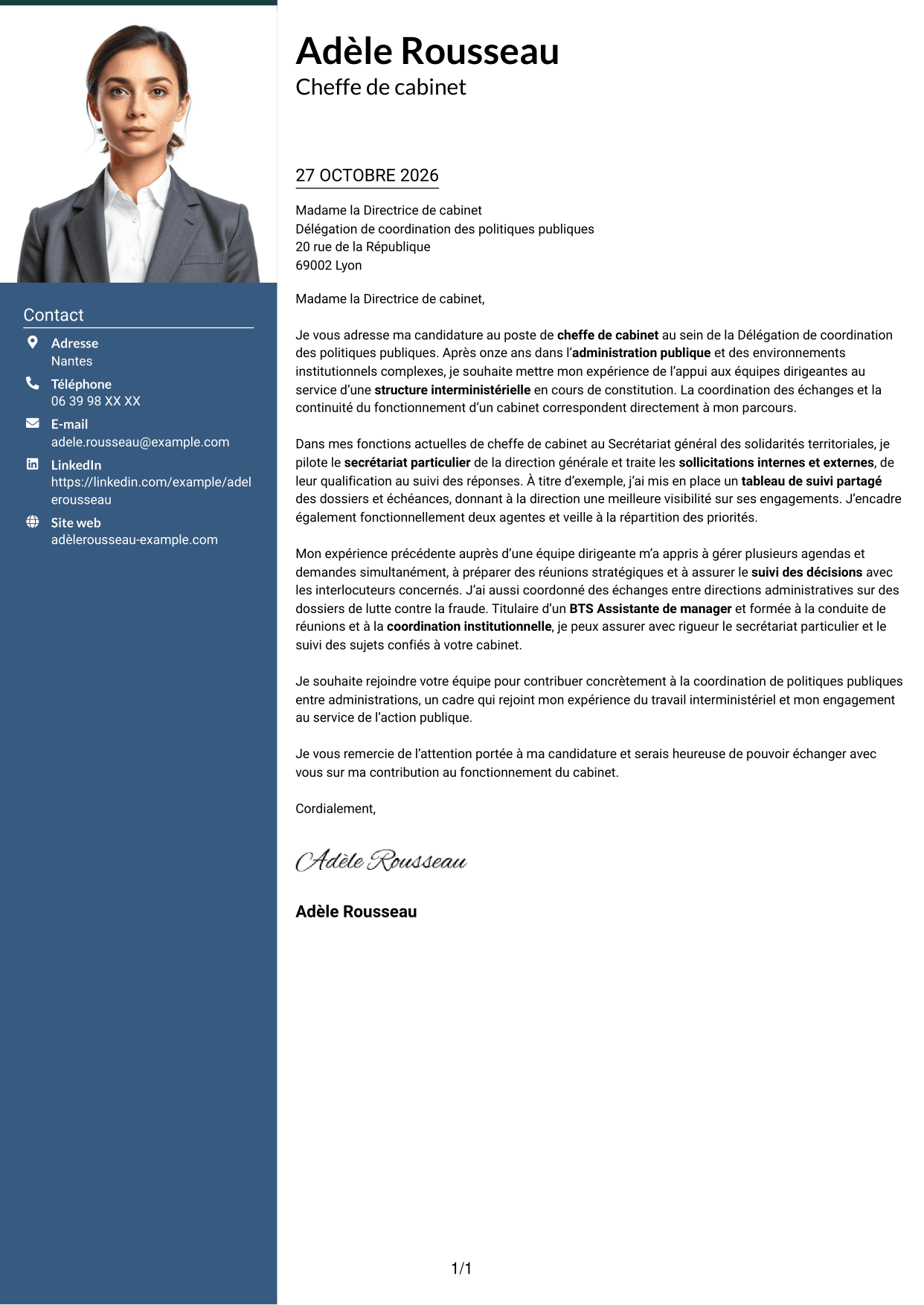 Lettre de motivation Signature (format à colonne latérale colorée avec grande photo) : Chef de cabinet - Coordination institutionnelle, page 1
