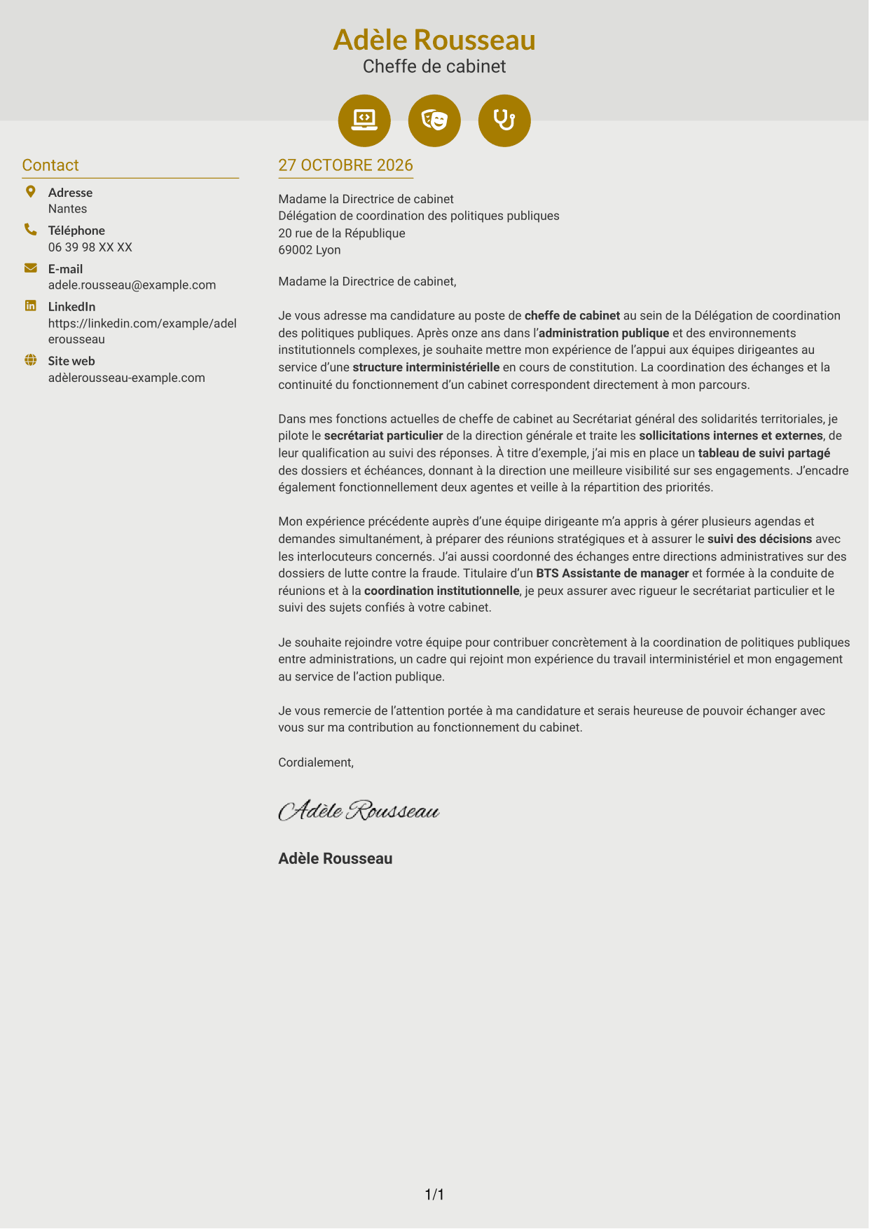 Lettre de motivation Dynamique (format à deux colonnes avec icônes) : Chef de cabinet - Coordination institutionnelle, page 1