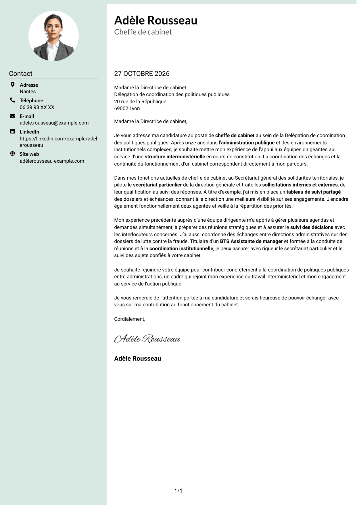 Lettre de motivation Cadre (format à colonne latérale douce avec photo arrondie) : Chef de cabinet - Coordination institutionnelle, page 1