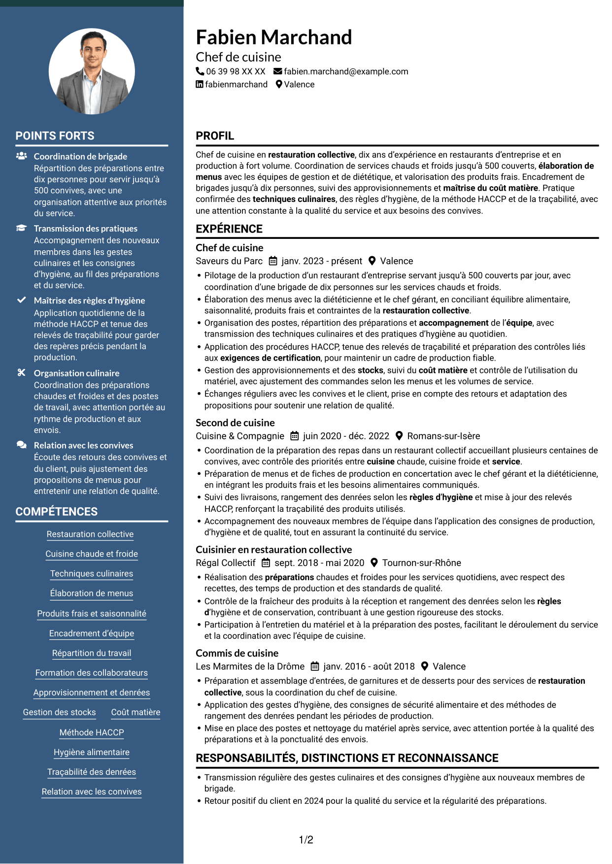 CV Élégant (format à colonne latérale colorée avec photo) : Chef de cuisine - Restauration collective, page 1