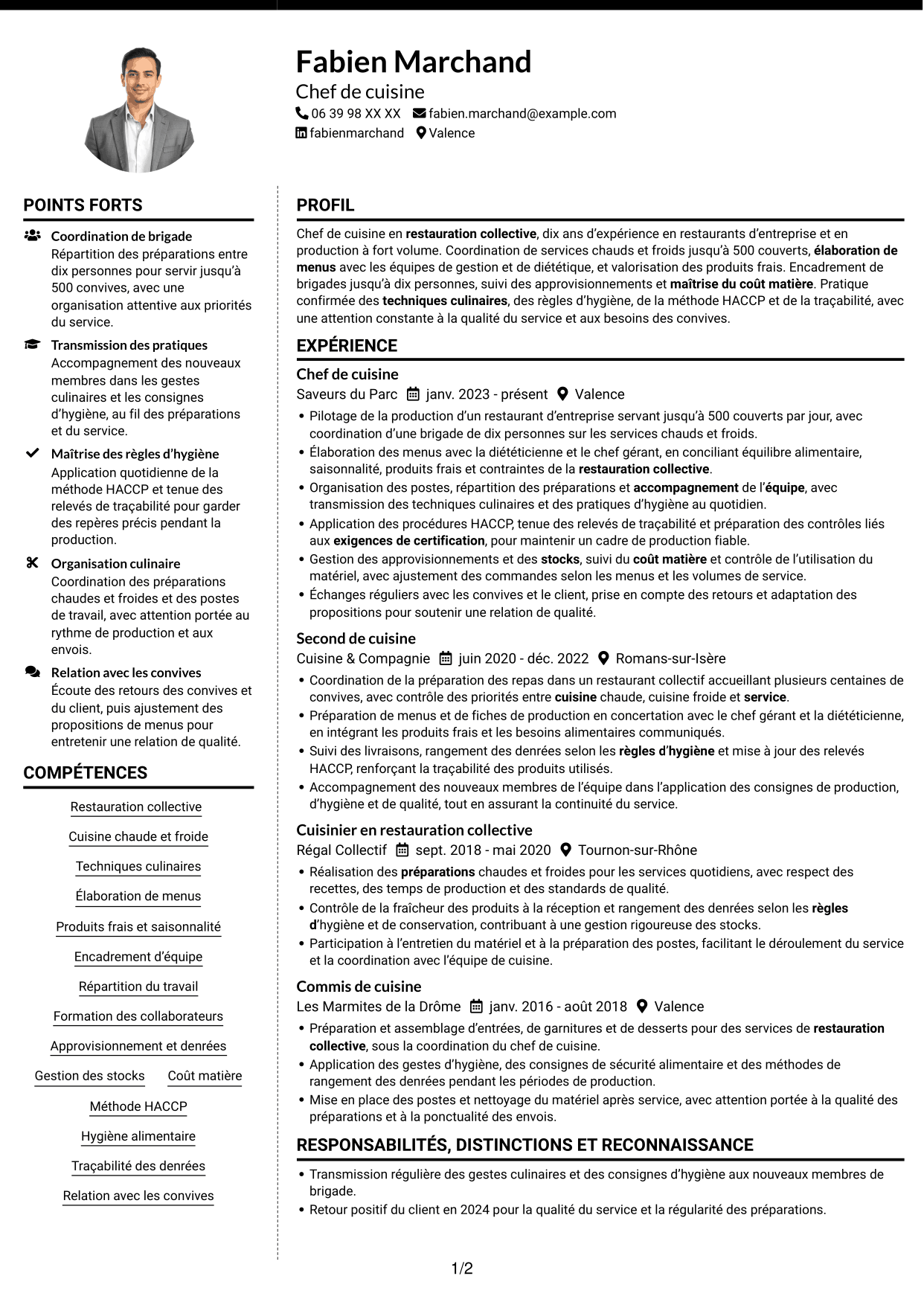 CV Moderne (format à deux colonnes avec photo à gauche et séparateur) : Chef de cuisine - Restauration collective, page 1
