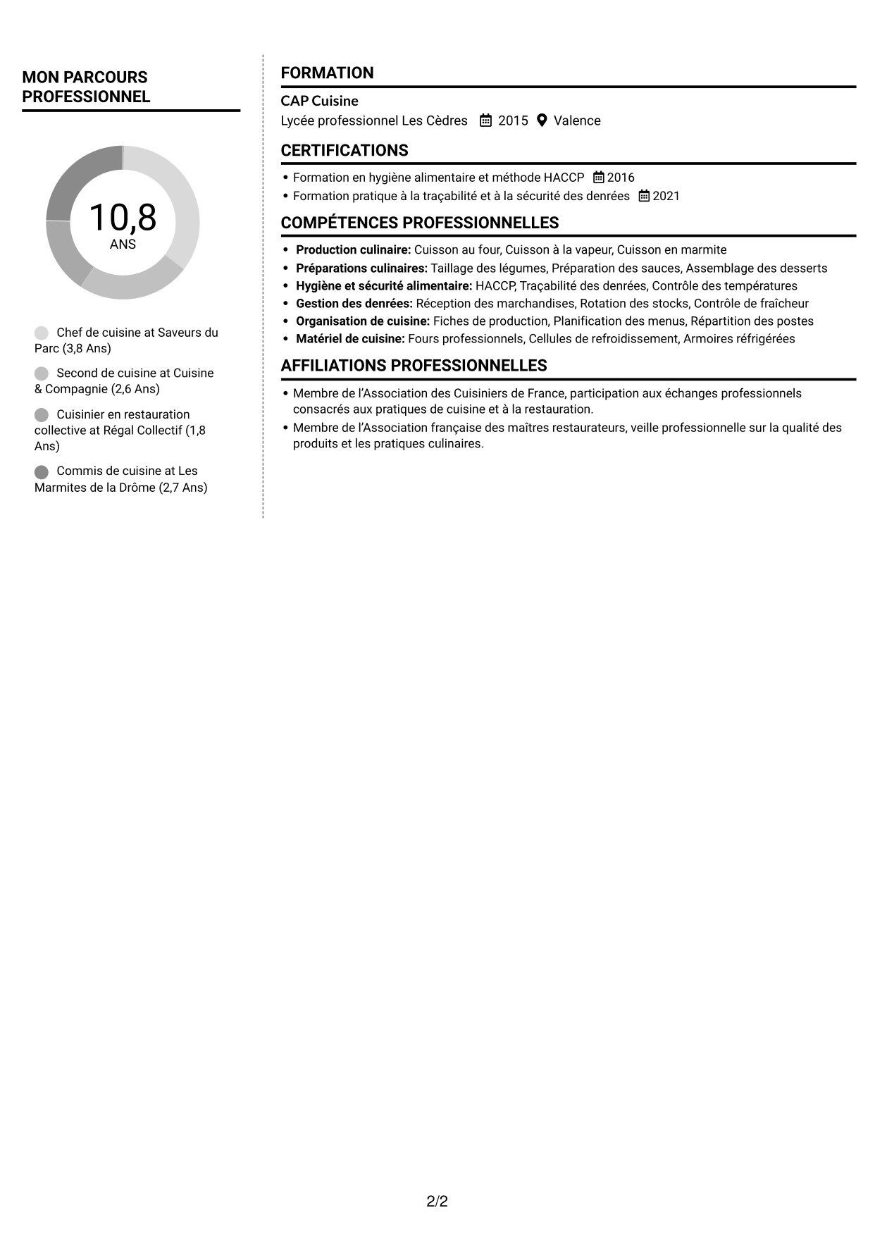 CV Moderne (format à deux colonnes avec photo à gauche et séparateur) : Chef de cuisine - Restauration collective, page 2