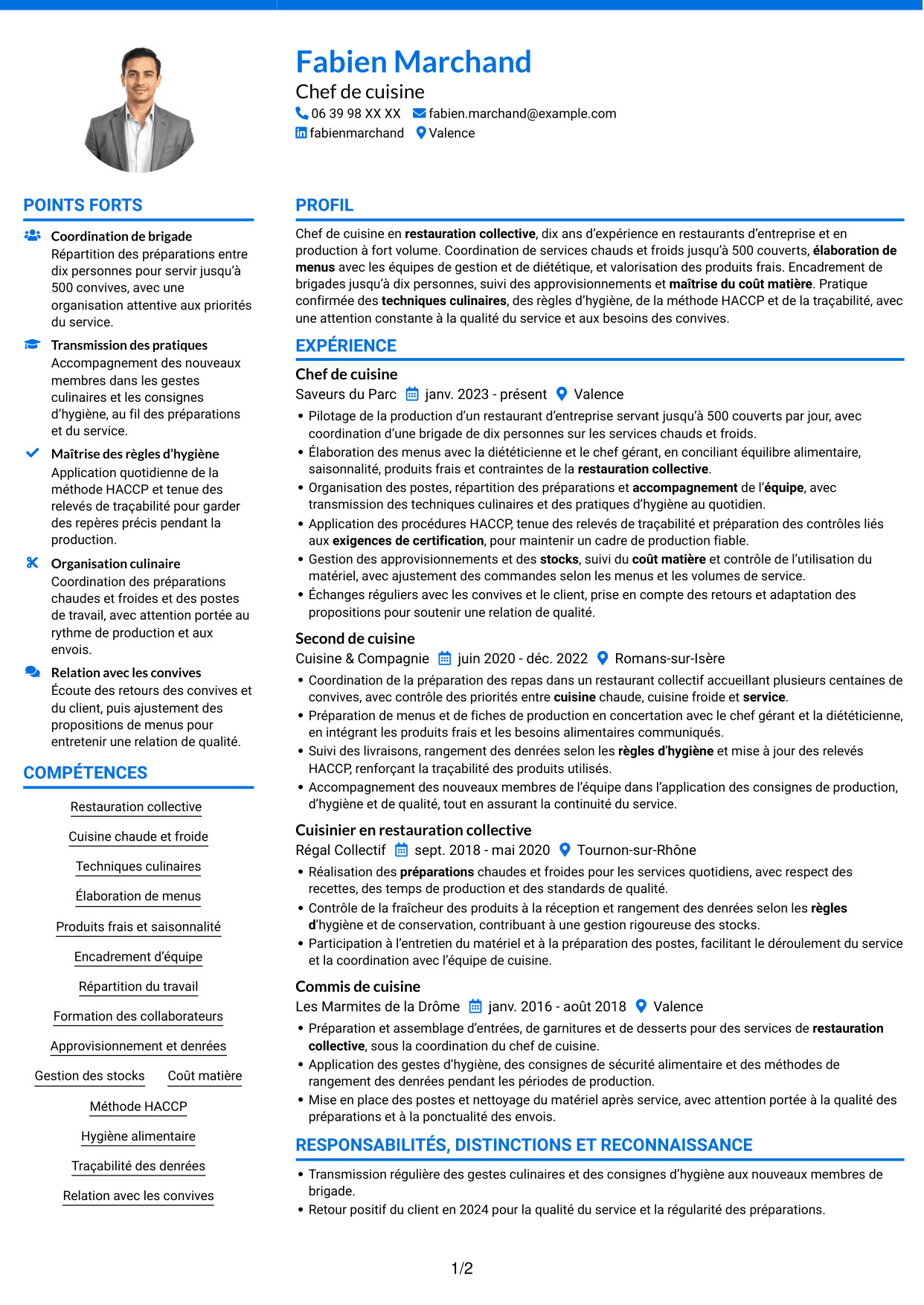 CV Audacieux (format à deux colonnes avec accents colorés et photo) : Chef de cuisine - Restauration collective, page 1