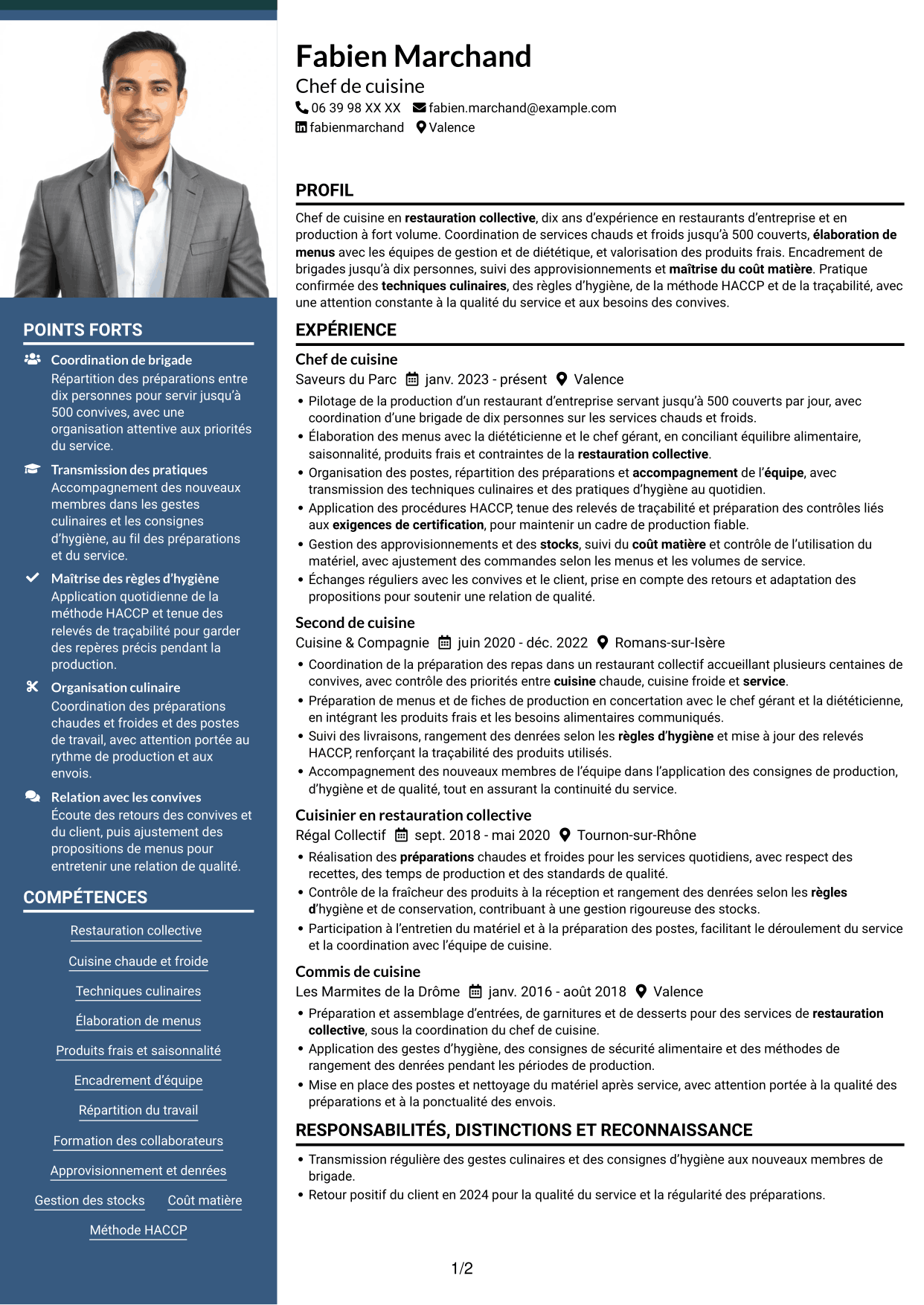 CV Signature (format à colonne latérale colorée avec grande photo) : Chef de cuisine - Restauration collective, page 1