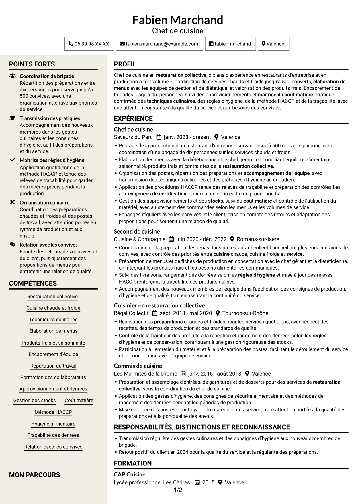 CV Fonceur (format à deux colonnes avec en-tête centré sans photo) : Chef de cuisine - Restauration collective, page 1