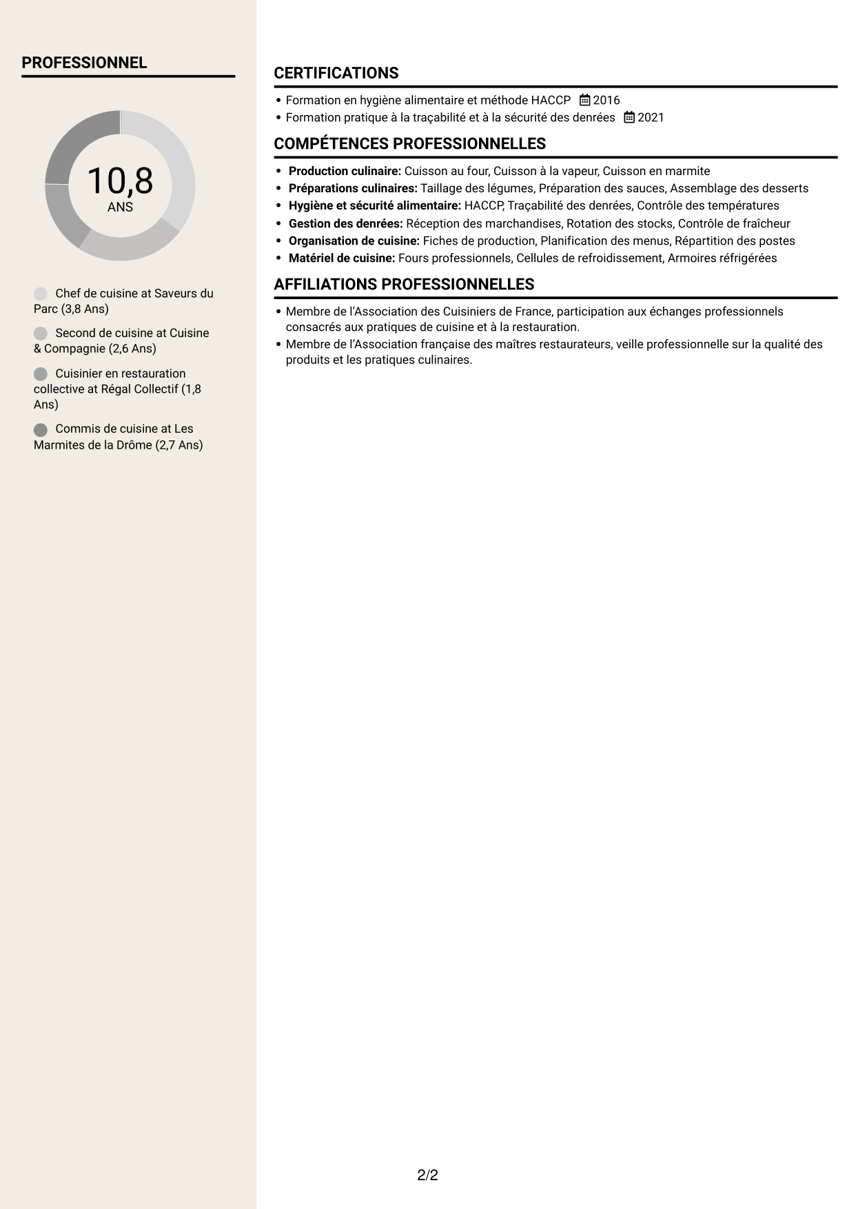 CV Fonceur (format à deux colonnes avec en-tête centré sans photo) : Chef de cuisine - Restauration collective, page 2