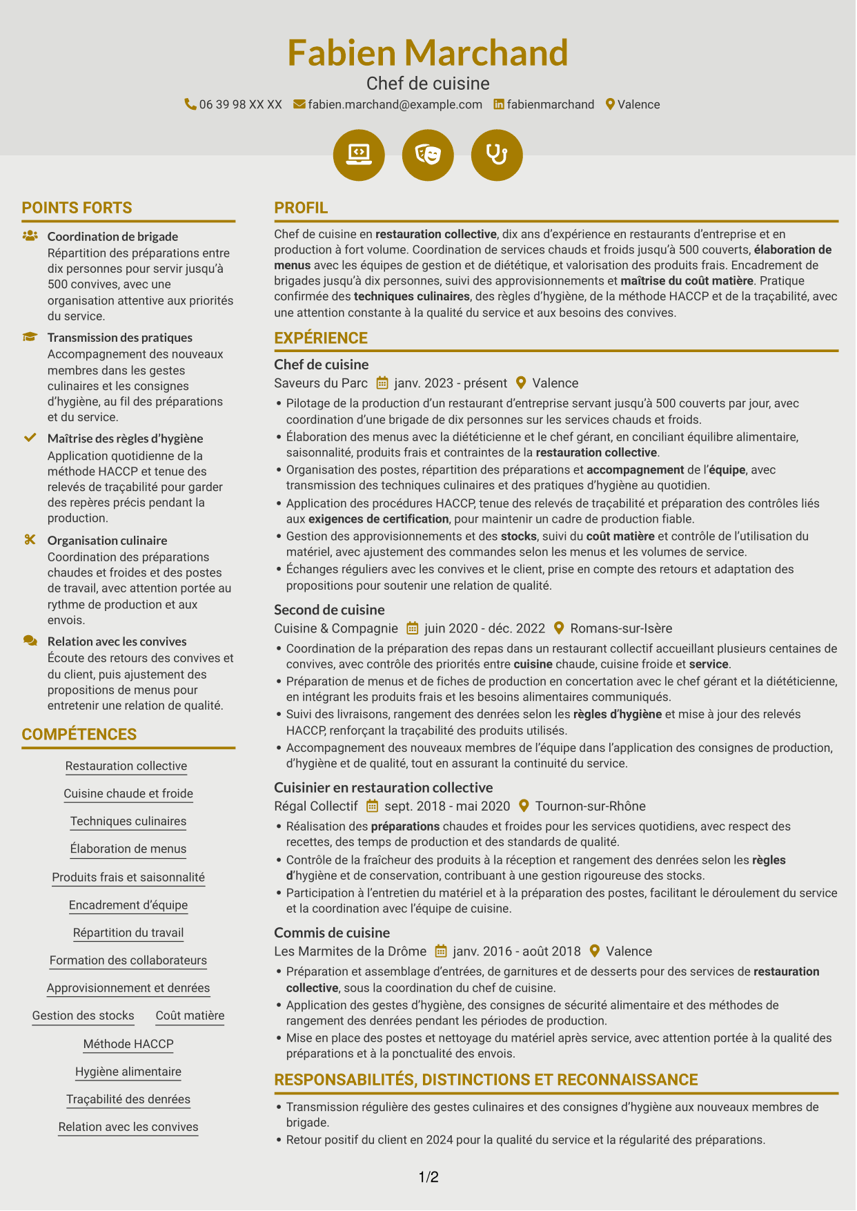 CV Dynamique (format à deux colonnes avec icônes) : Chef de cuisine - Restauration collective, page 1