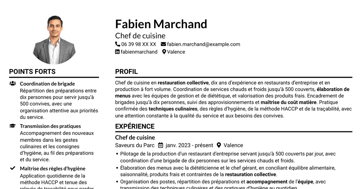 7 modèles de CV pour Chef de cuisine - Restauration collective, avec exemples