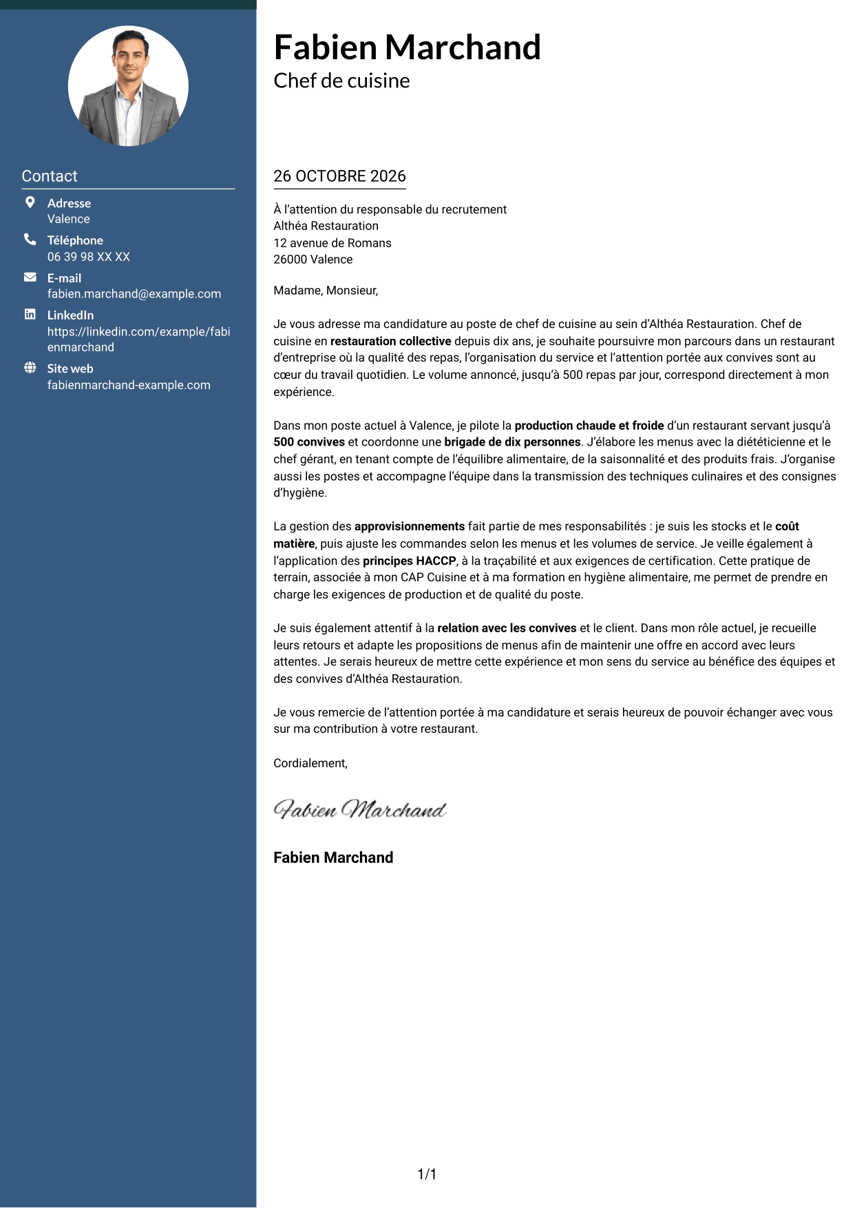 Lettre de motivation Élégant (format à colonne latérale colorée avec photo) : Chef de cuisine - Restauration collective, page 1