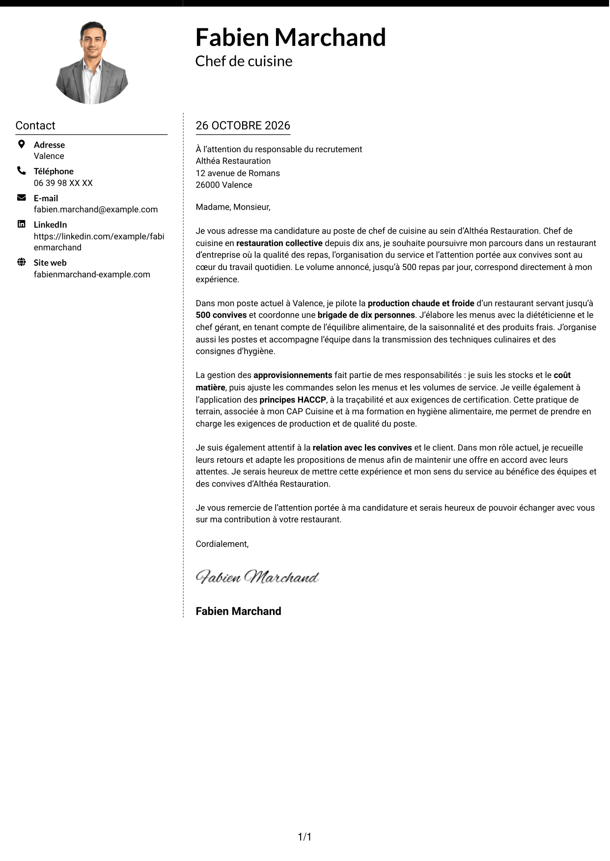 Lettre de motivation Moderne (format à deux colonnes avec photo à gauche et séparateur) : Chef de cuisine - Restauration collective, page 1