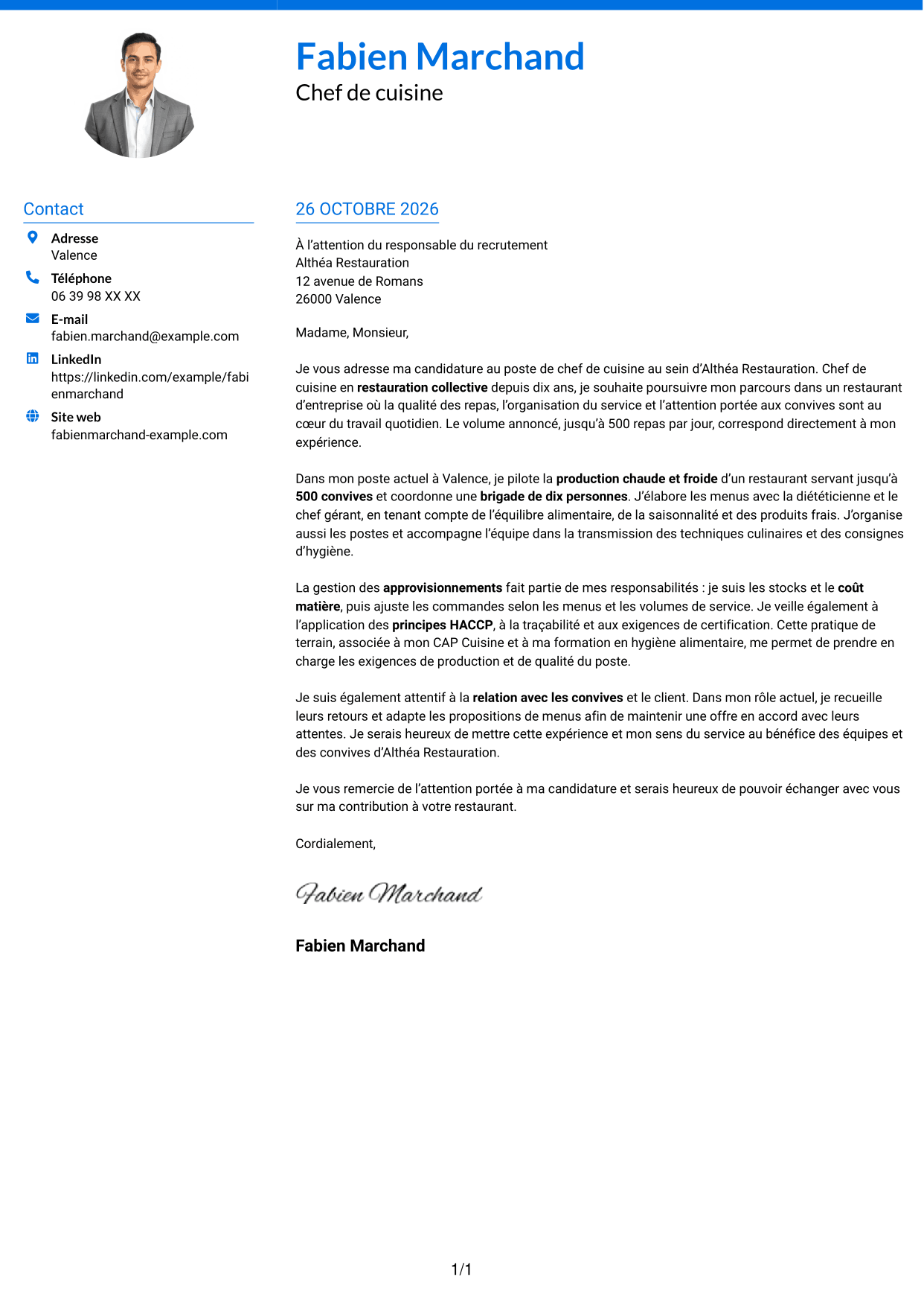 Lettre de motivation Audacieux (format à deux colonnes avec accents colorés et photo) : Chef de cuisine - Restauration collective, page 1