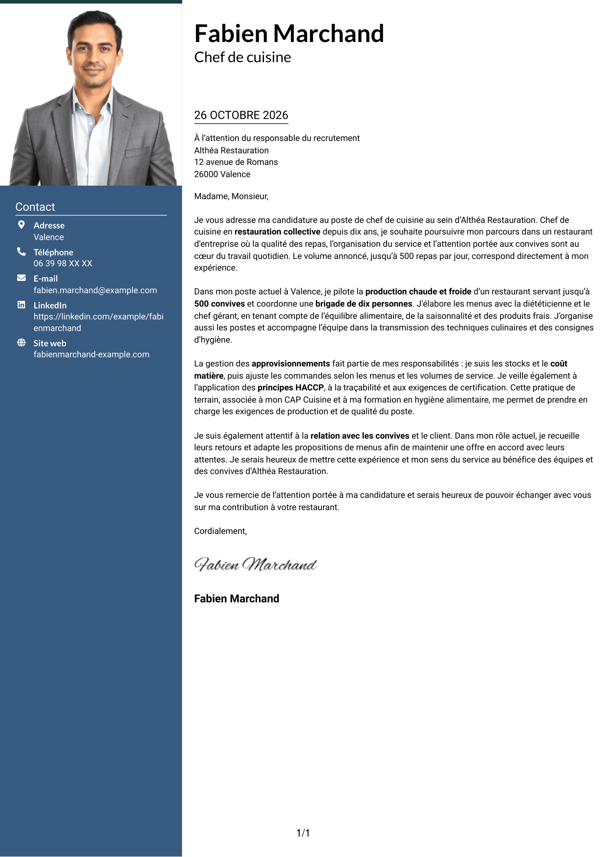 Lettre de motivation Signature (format à colonne latérale colorée avec grande photo) : Chef de cuisine - Restauration collective, page 1