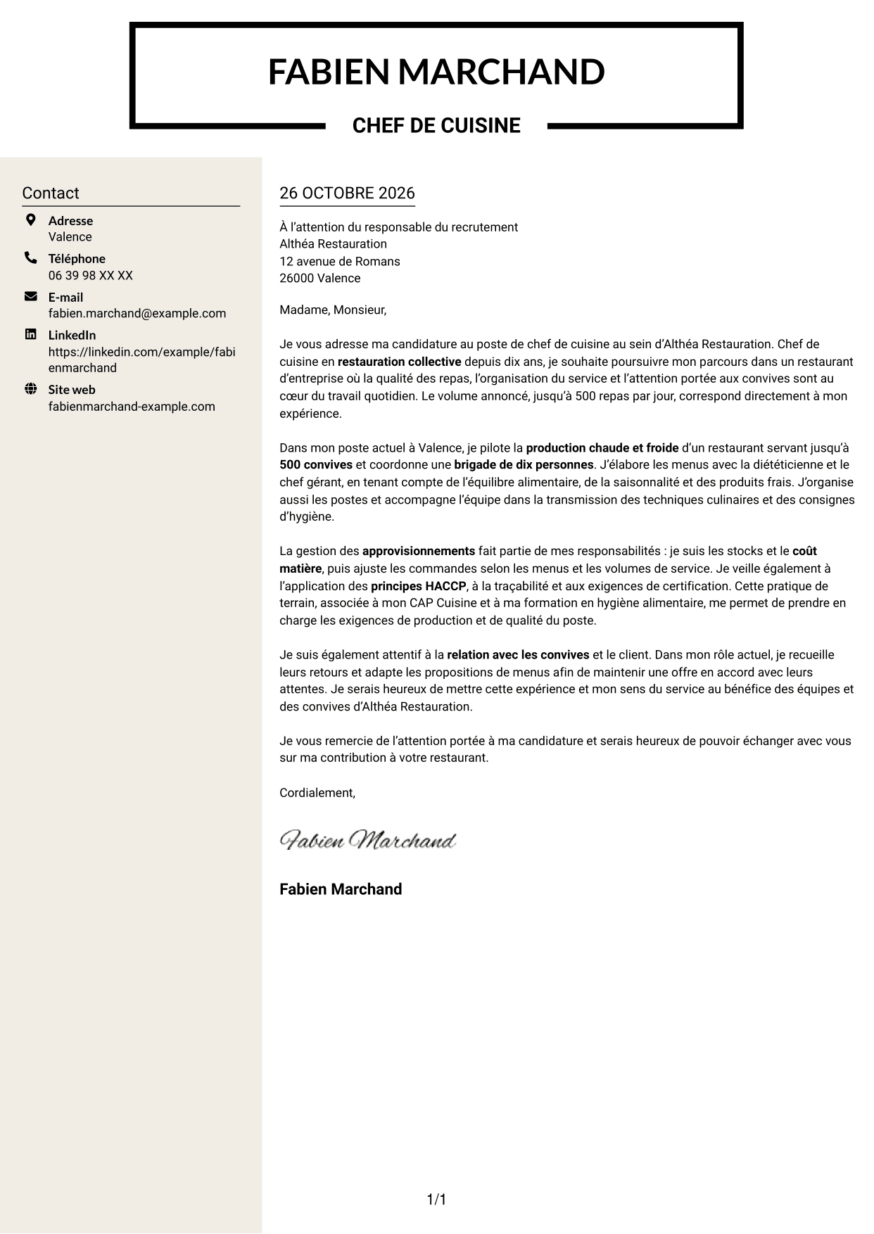 Lettre de motivation Fonceur (format à deux colonnes avec en-tête centré sans photo) : Chef de cuisine - Restauration collective, page 1