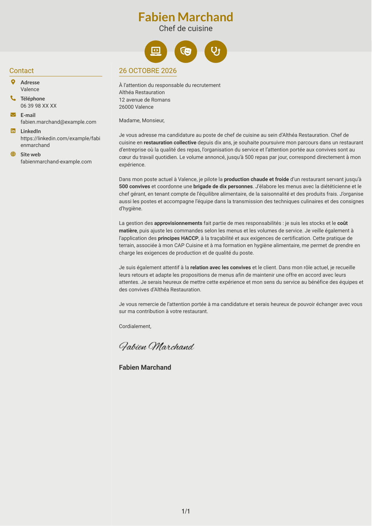 Lettre de motivation Dynamique (format à deux colonnes avec icônes) : Chef de cuisine - Restauration collective, page 1