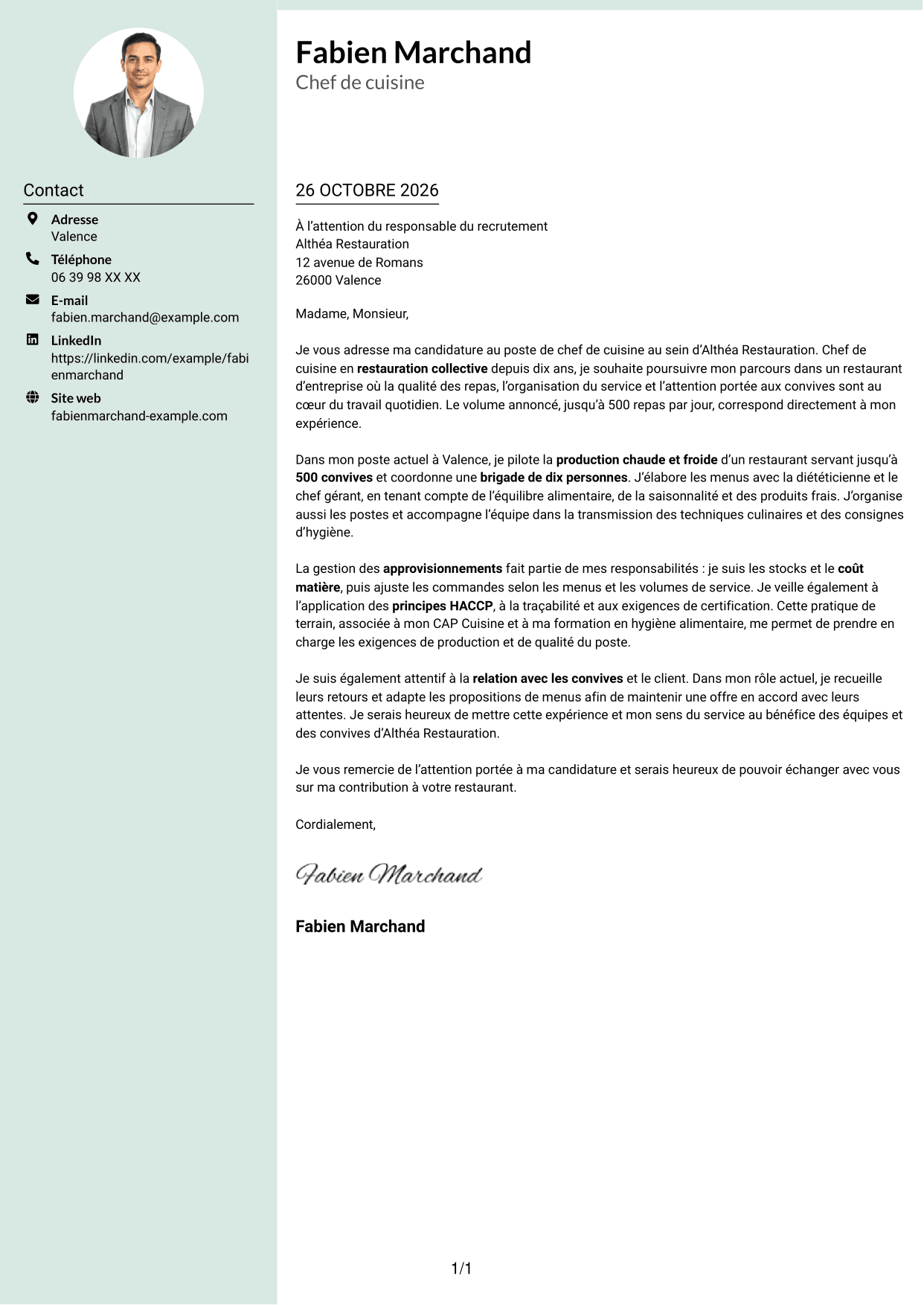 Lettre de motivation Cadre (format à colonne latérale douce avec photo arrondie) : Chef de cuisine - Restauration collective, page 1