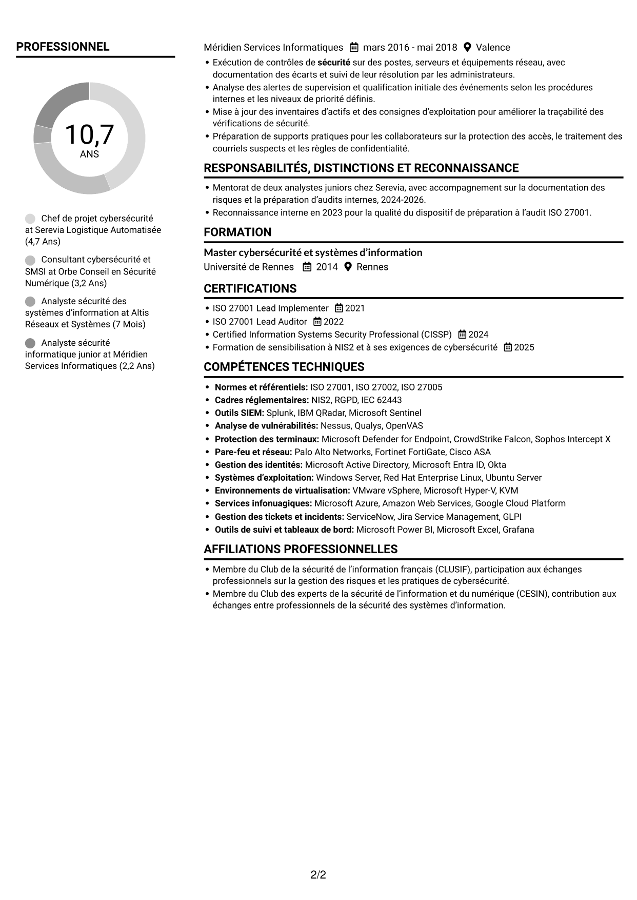 CV Compact (format sobre à deux colonnes avec photo) : Chef de projet cybersécurité - Gouvernance ISO 27001, page 2