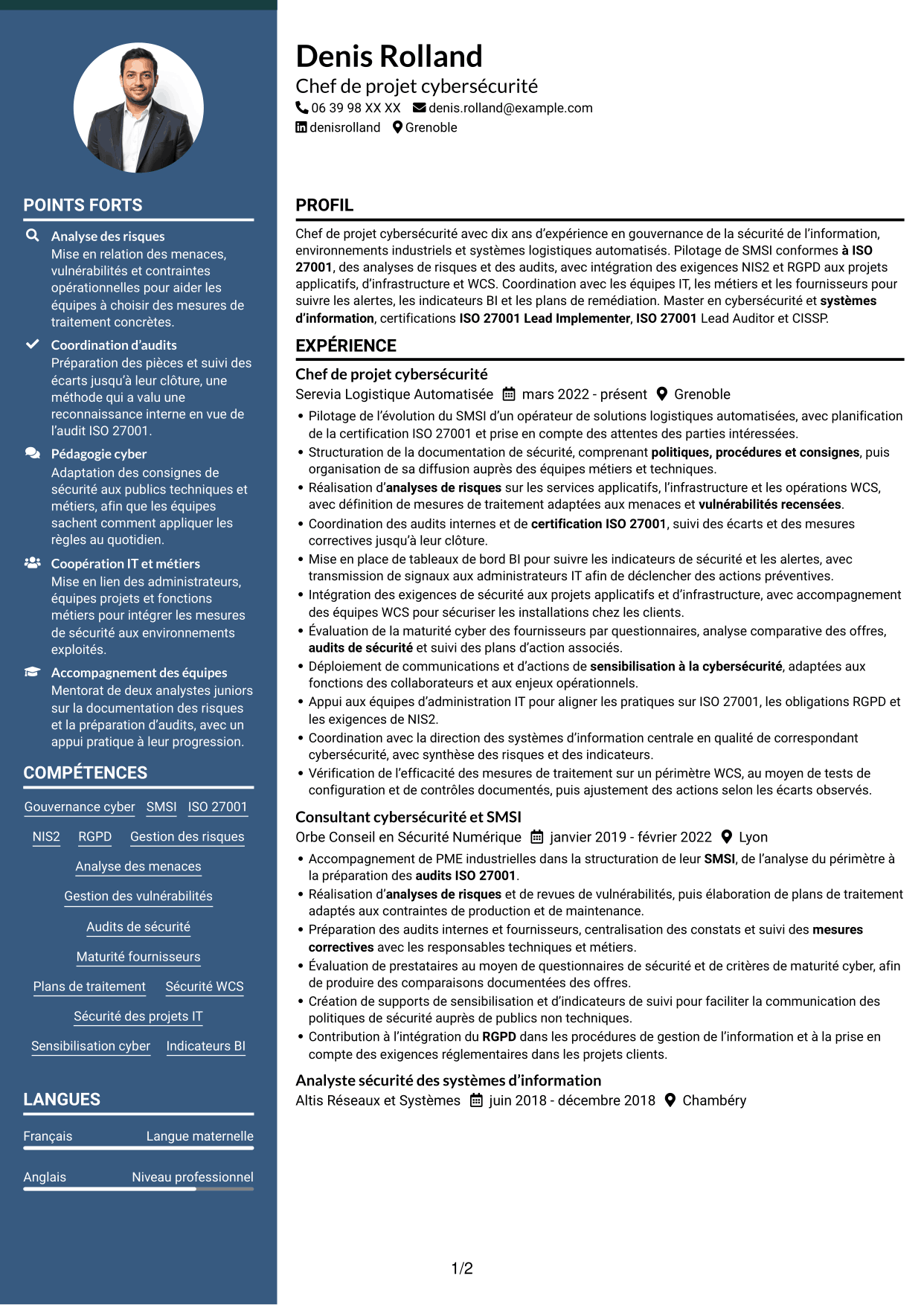CV Élégant (format à colonne latérale colorée avec photo) : Chef de projet cybersécurité - Gouvernance ISO 27001, page 1
