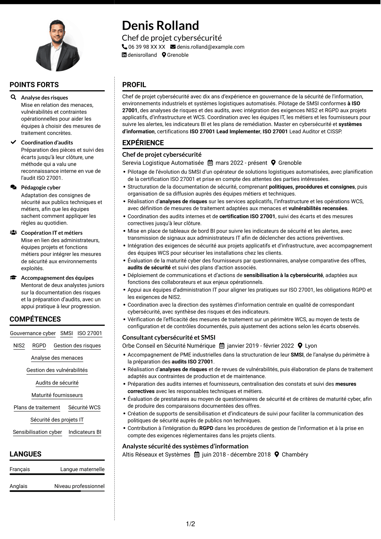 CV Moderne (format à deux colonnes avec photo à gauche et séparateur) : Chef de projet cybersécurité - Gouvernance ISO 27001, page 1