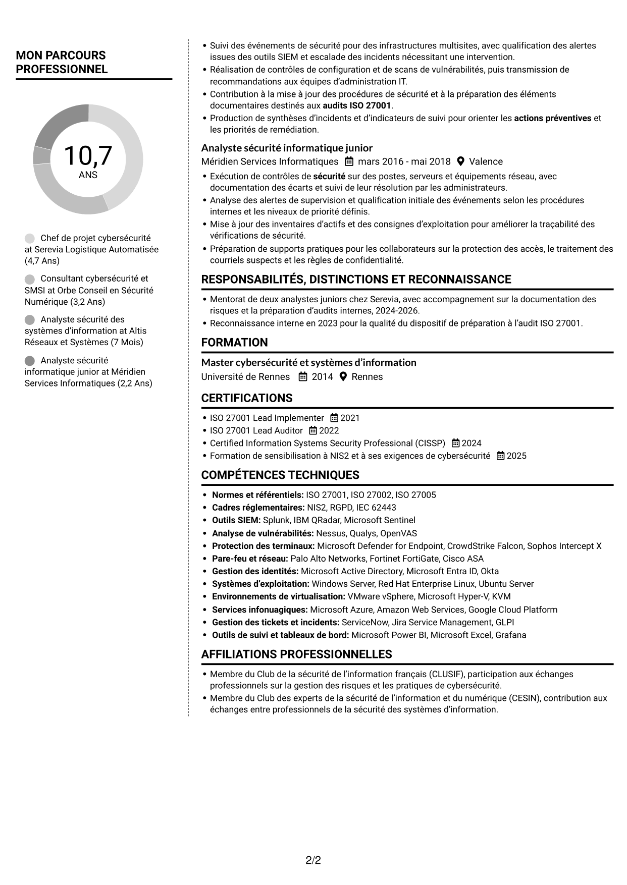 CV Moderne (format à deux colonnes avec photo à gauche et séparateur) : Chef de projet cybersécurité - Gouvernance ISO 27001, page 2