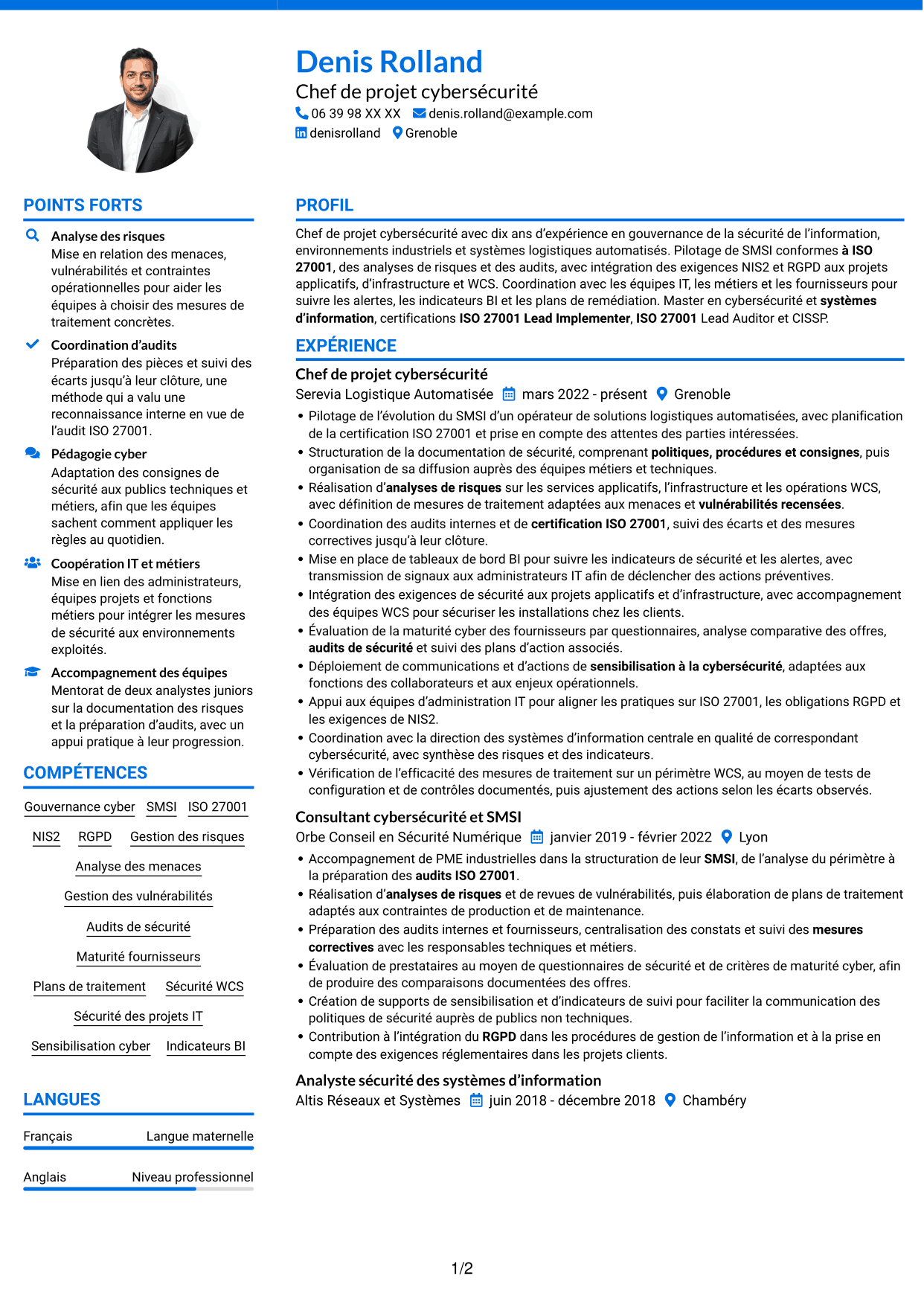 CV Audacieux (format à deux colonnes avec accents colorés et photo) : Chef de projet cybersécurité - Gouvernance ISO 27001, page 1