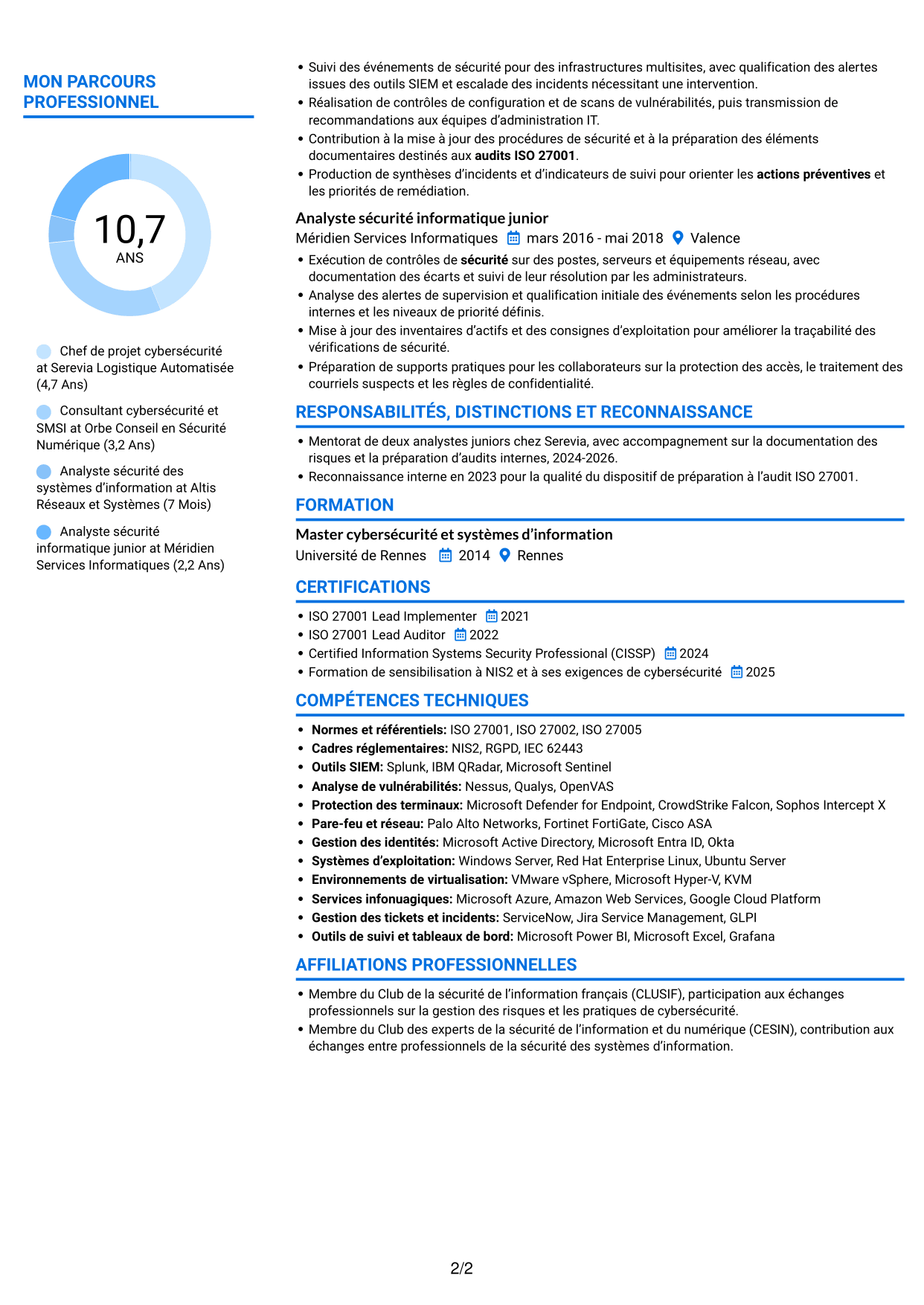 CV Audacieux (format à deux colonnes avec accents colorés et photo) : Chef de projet cybersécurité - Gouvernance ISO 27001, page 2
