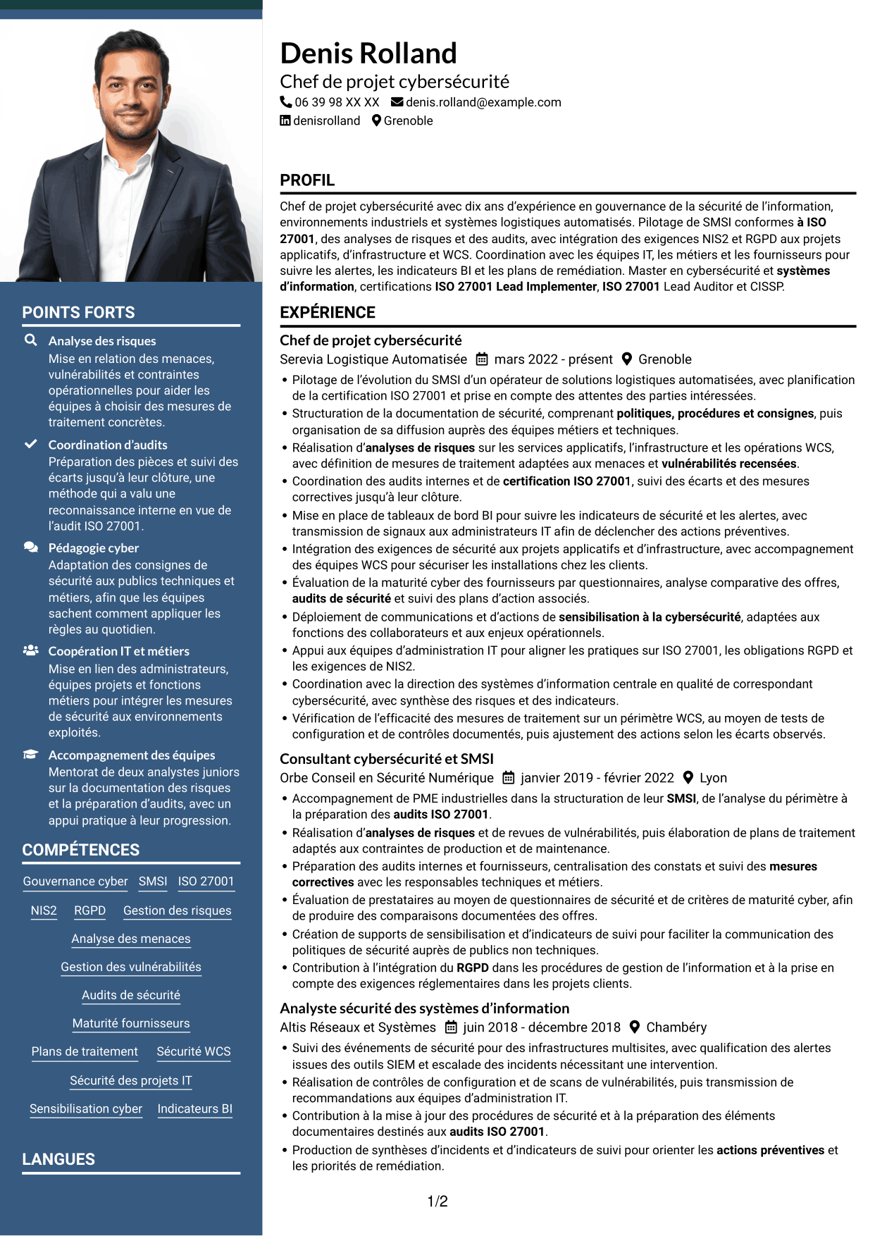 CV Signature (format à colonne latérale colorée avec grande photo) : Chef de projet cybersécurité - Gouvernance ISO 27001, page 1
