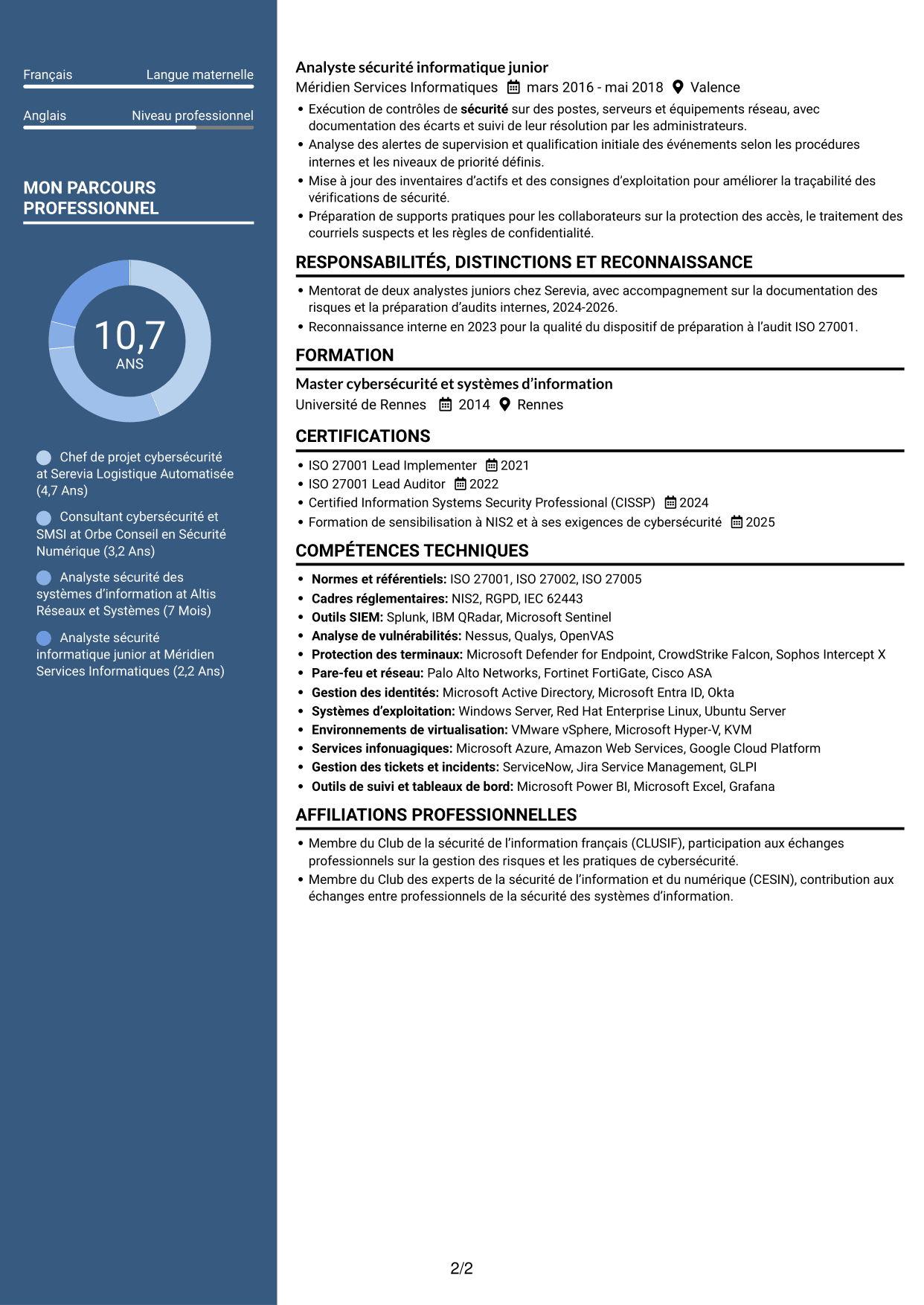 CV Signature (format à colonne latérale colorée avec grande photo) : Chef de projet cybersécurité - Gouvernance ISO 27001, page 2