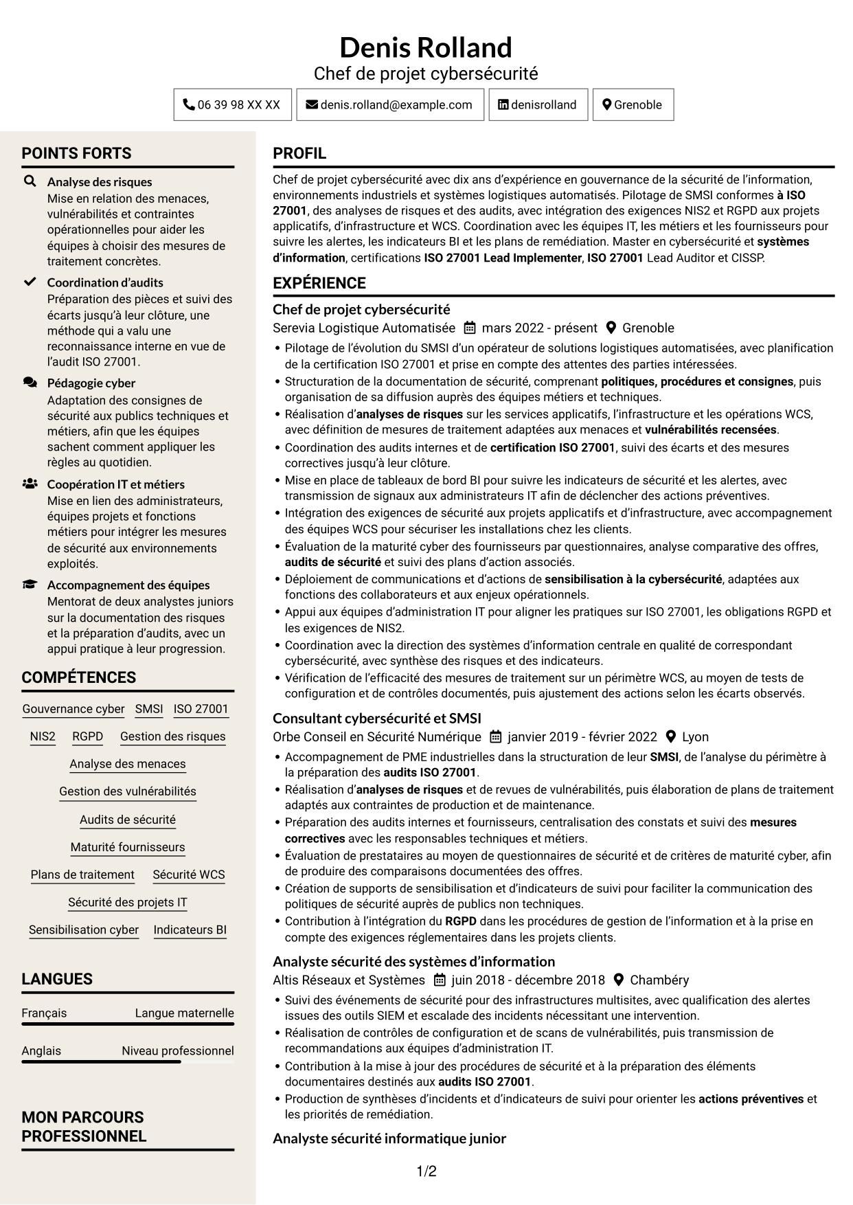 CV Fonceur (format à deux colonnes avec en-tête centré sans photo) : Chef de projet cybersécurité - Gouvernance ISO 27001, page 1