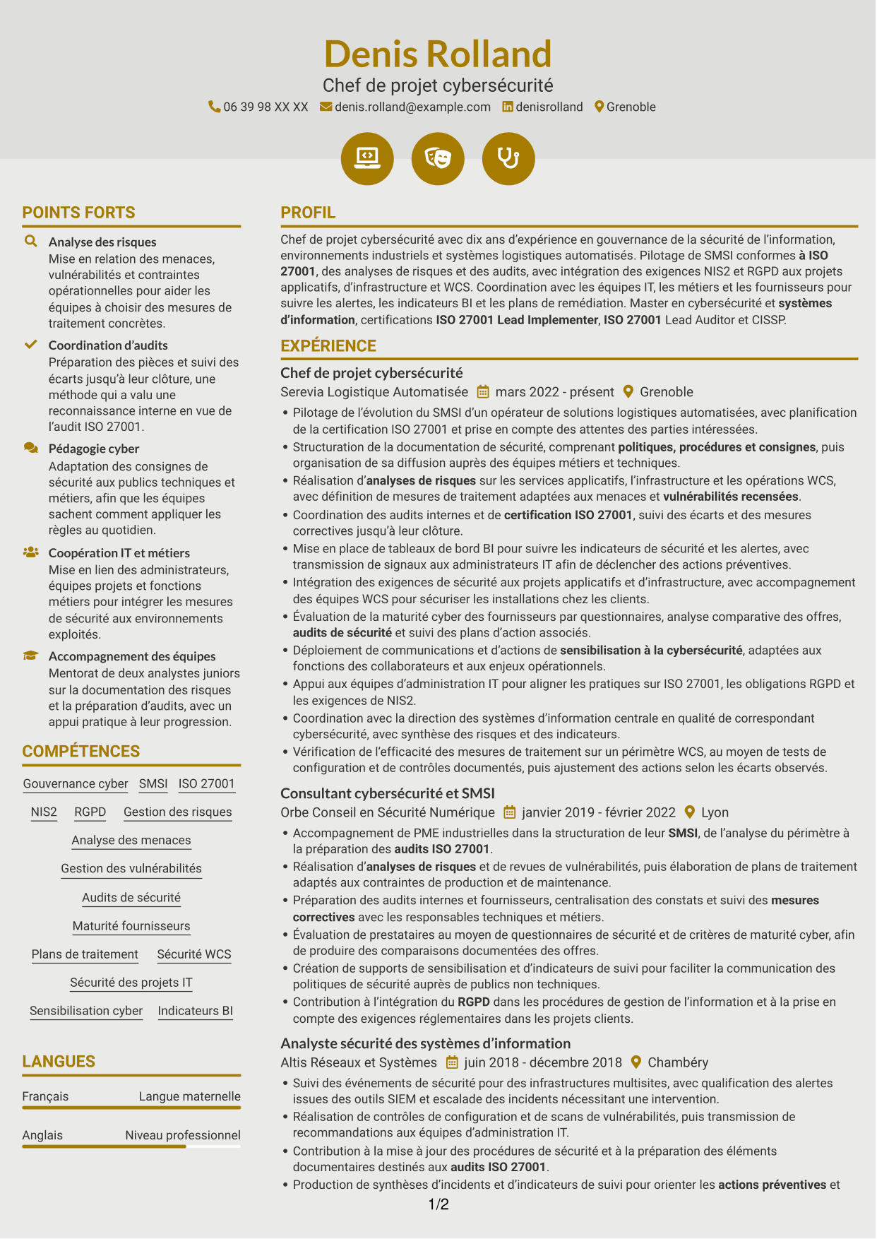 CV Dynamique (format à deux colonnes avec icônes) : Chef de projet cybersécurité - Gouvernance ISO 27001, page 1