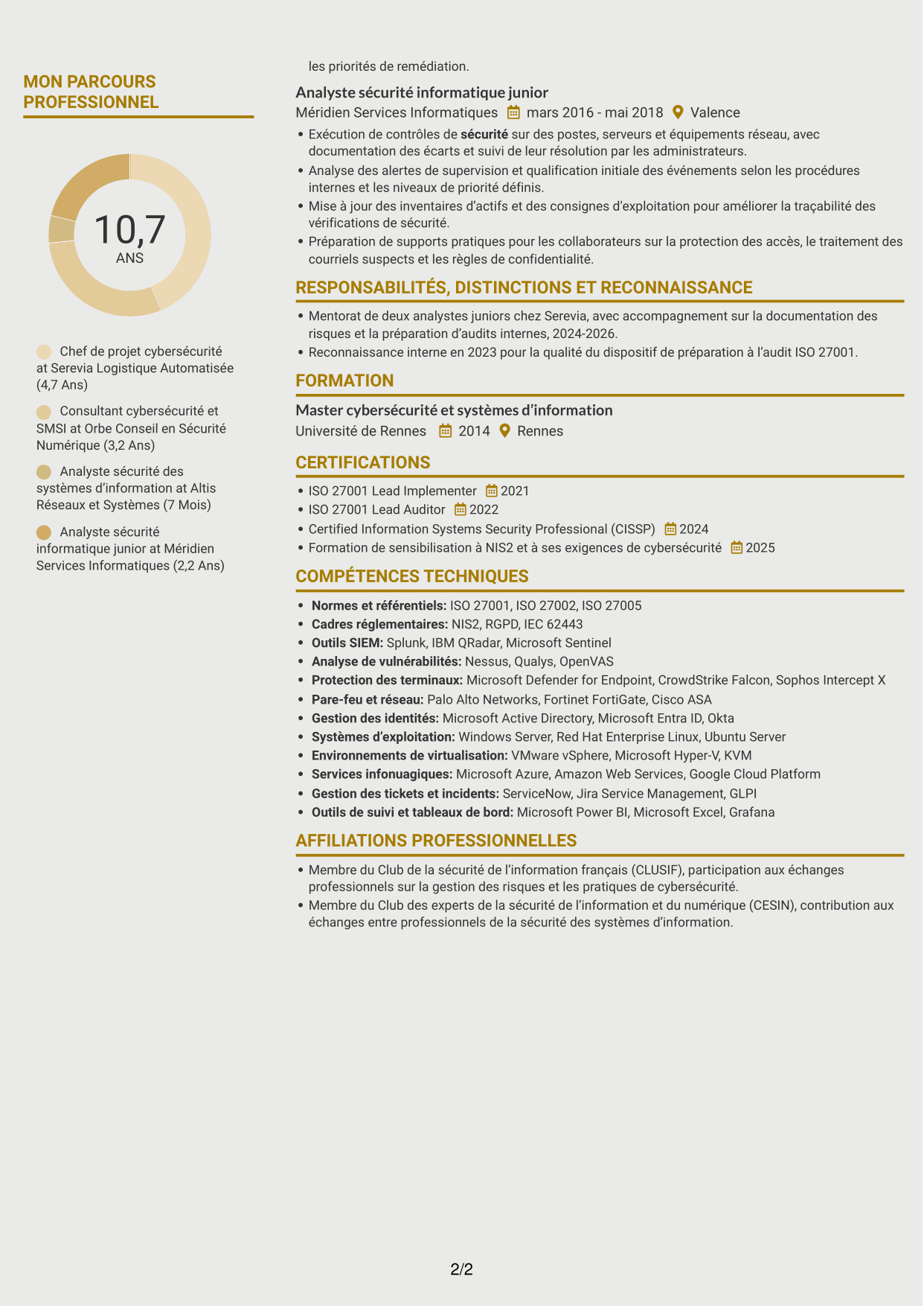 CV Dynamique (format à deux colonnes avec icônes) : Chef de projet cybersécurité - Gouvernance ISO 27001, page 2