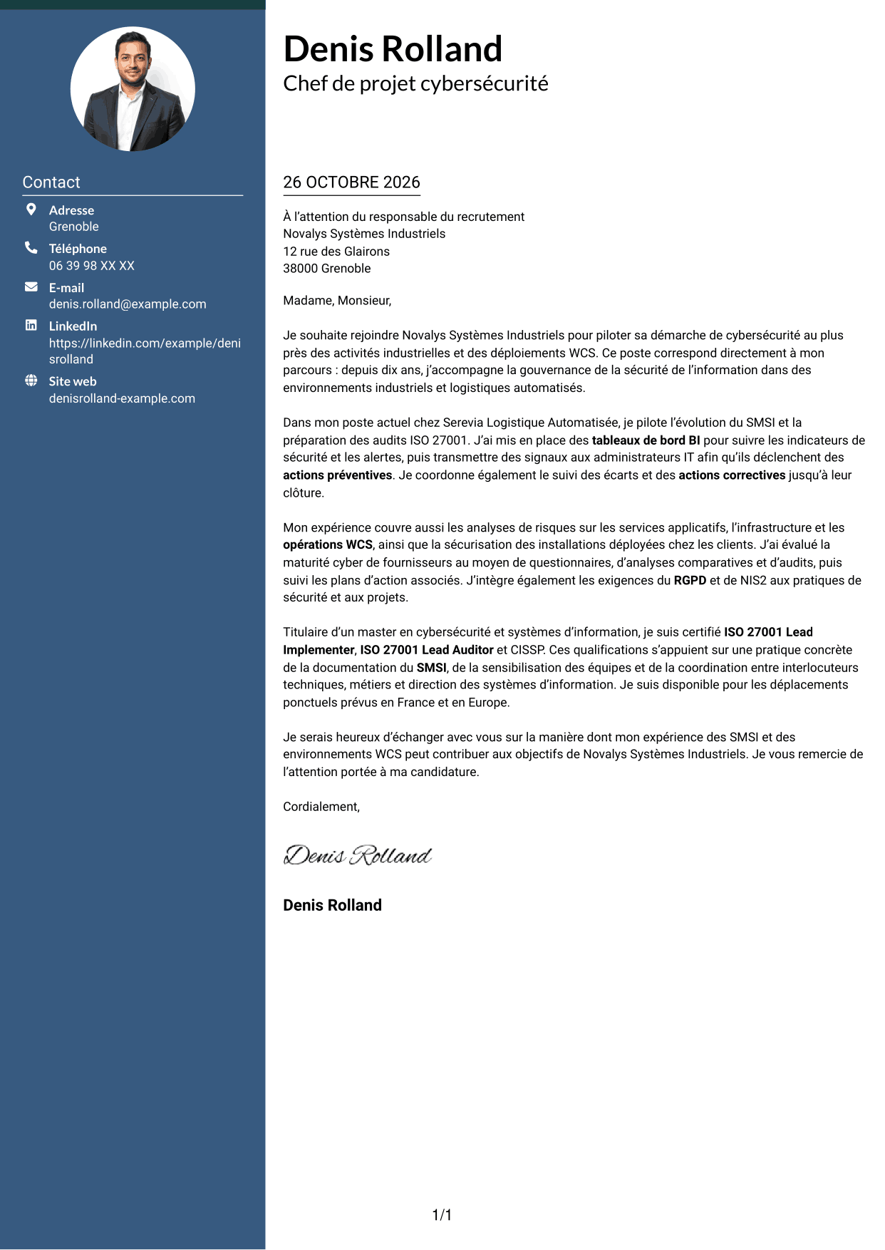Lettre de motivation Élégant (format à colonne latérale colorée avec photo) : Chef de projet cybersécurité - Gouvernance ISO 27001, page 1