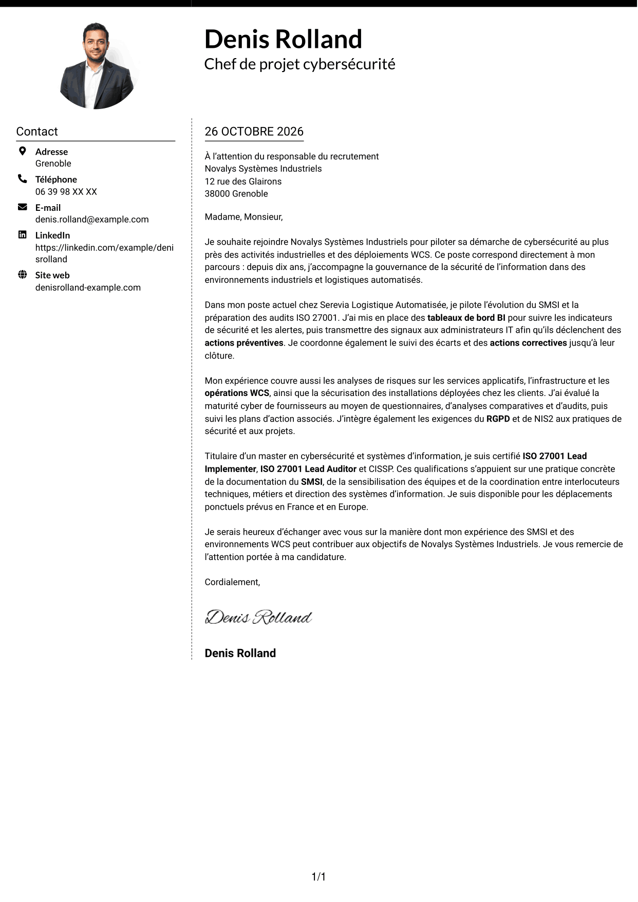 Lettre de motivation Moderne (format à deux colonnes avec photo à gauche et séparateur) : Chef de projet cybersécurité - Gouvernance ISO 27001, page 1