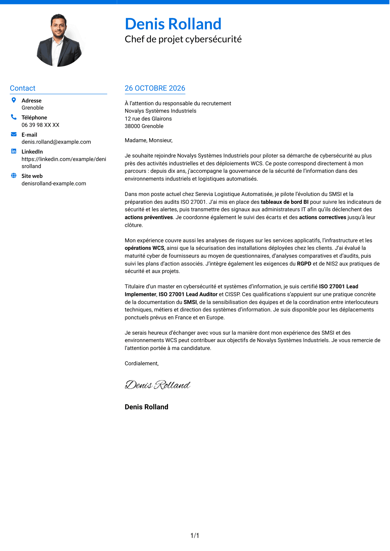 Lettre de motivation Audacieux (format à deux colonnes avec accents colorés et photo) : Chef de projet cybersécurité - Gouvernance ISO 27001, page 1