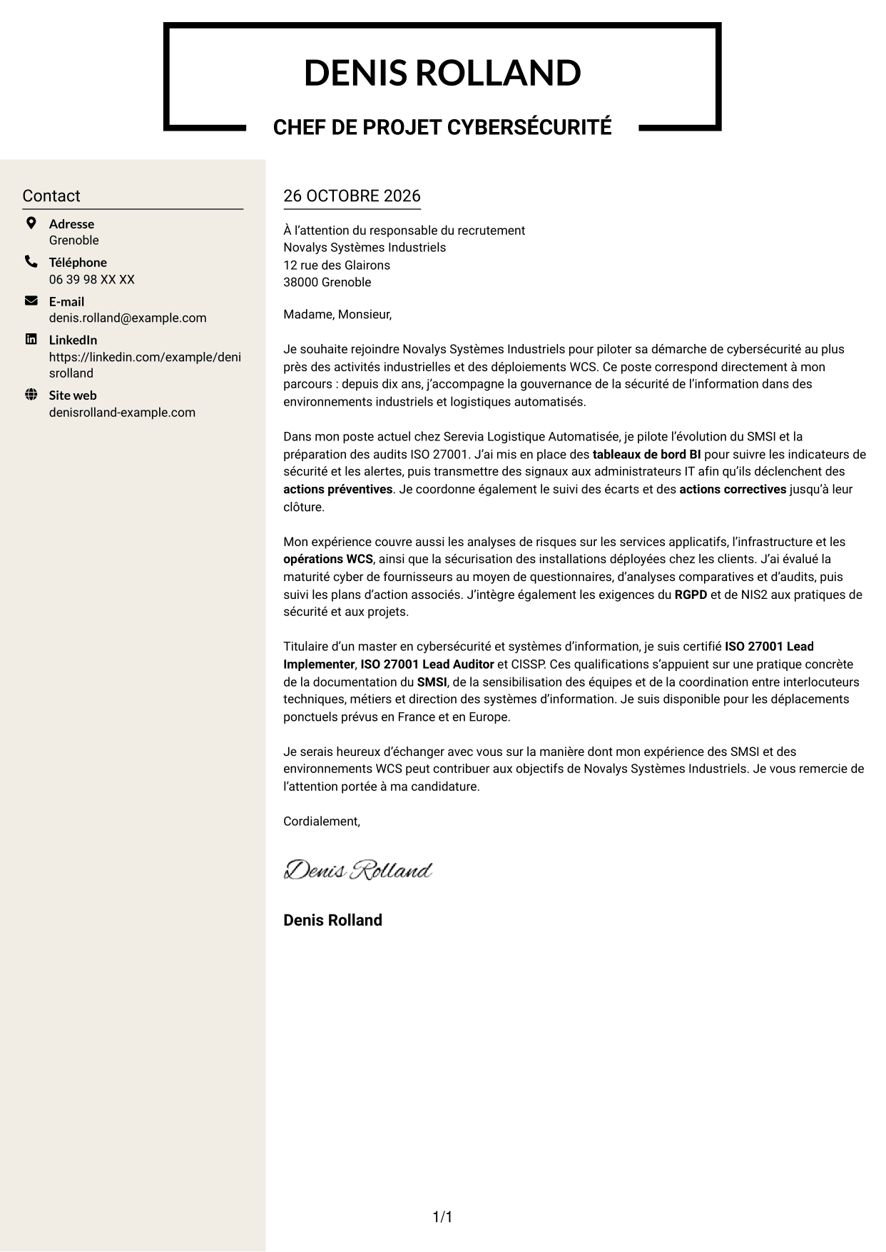Lettre de motivation Fonceur (format à deux colonnes avec en-tête centré sans photo) : Chef de projet cybersécurité - Gouvernance ISO 27001, page 1