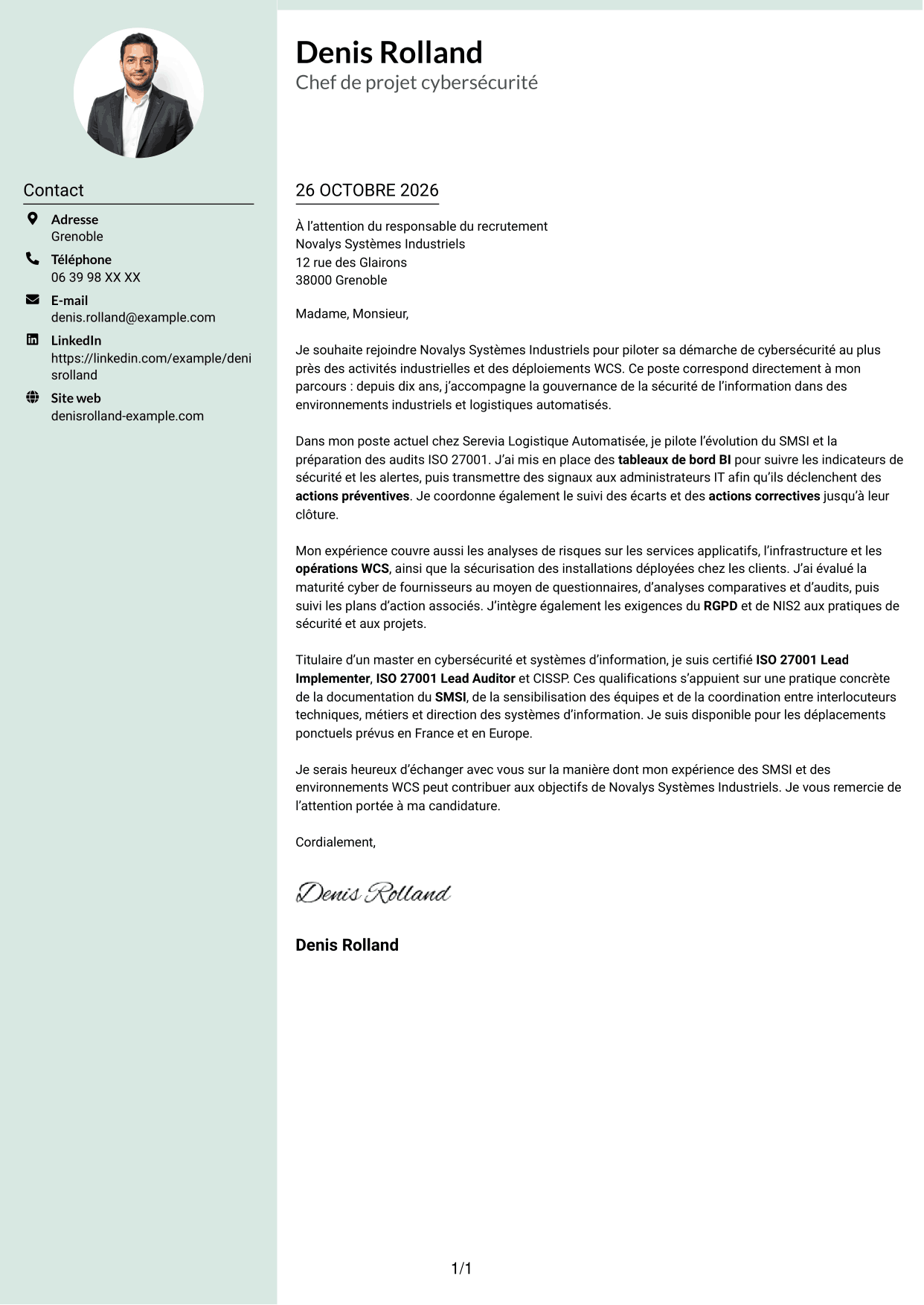 Lettre de motivation Cadre (format à colonne latérale douce avec photo arrondie) : Chef de projet cybersécurité - Gouvernance ISO 27001, page 1