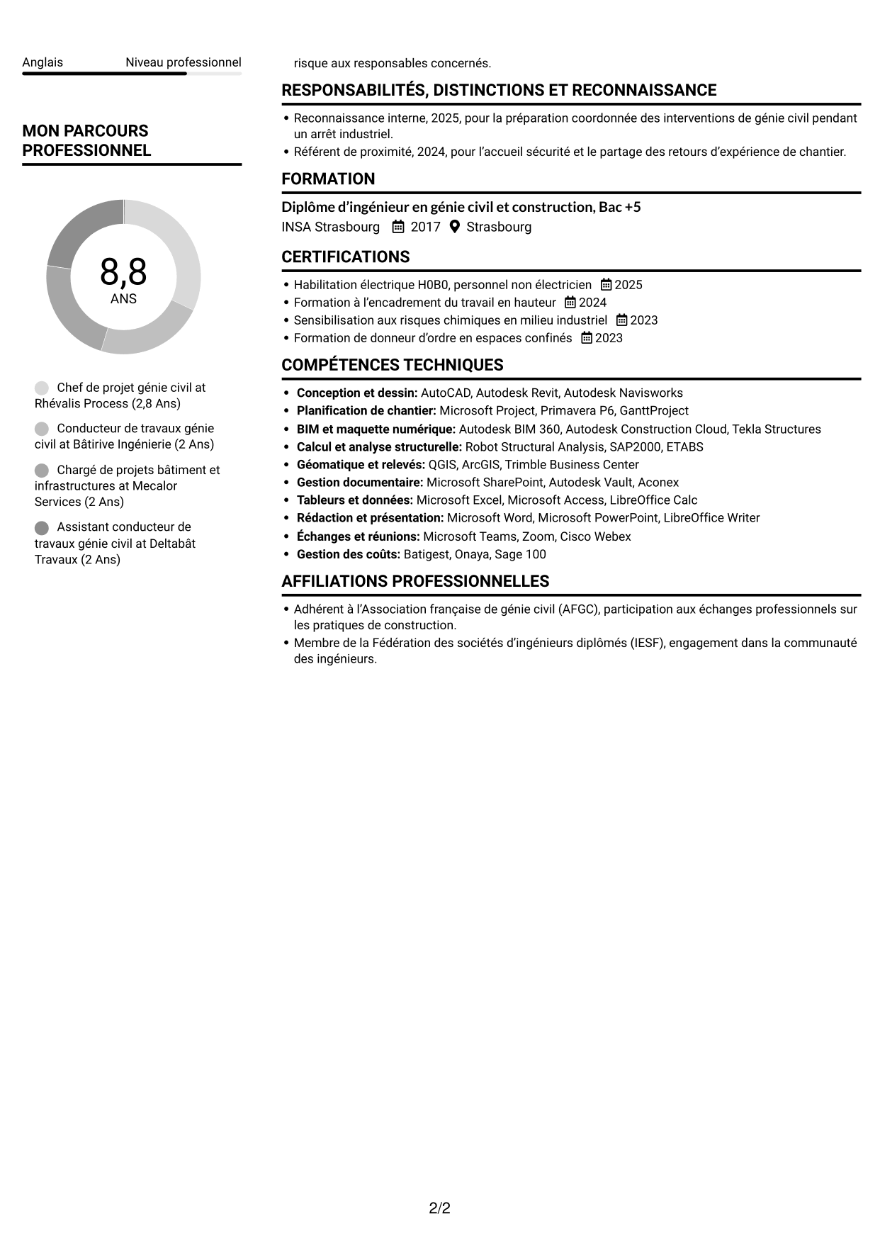 CV Compact (format sobre à deux colonnes avec photo) : Chef de projet génie civil - Infrastructures industrielles, page 2