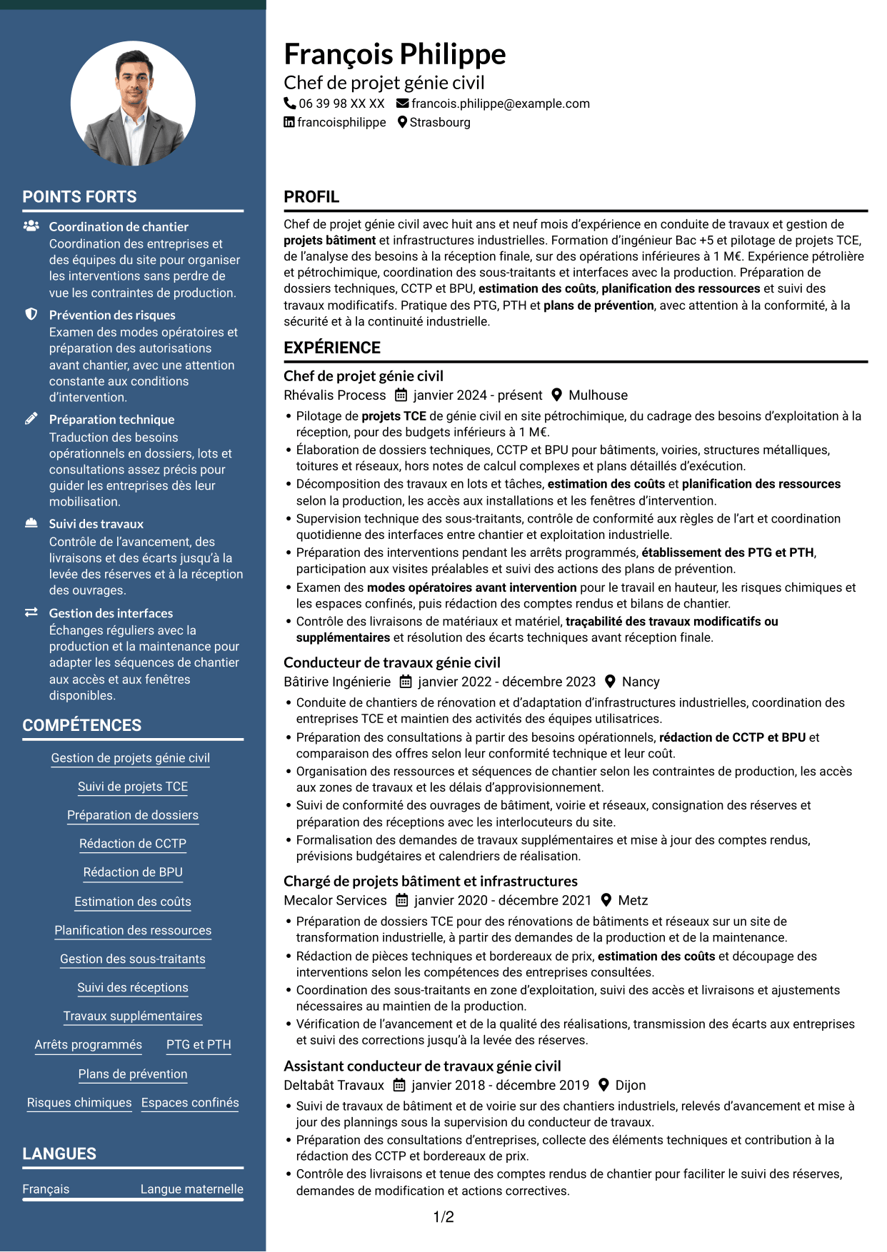 CV Élégant (format à colonne latérale colorée avec photo) : Chef de projet génie civil - Infrastructures industrielles, page 1