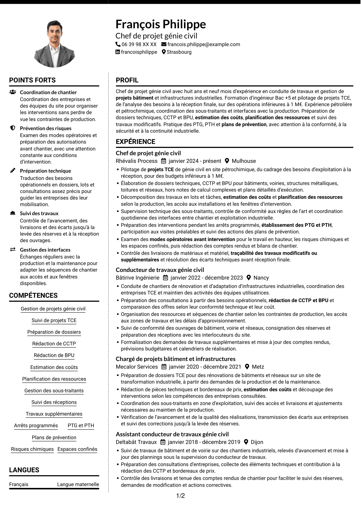 CV Moderne (format à deux colonnes avec photo à gauche et séparateur) : Chef de projet génie civil - Infrastructures industrielles, page 1