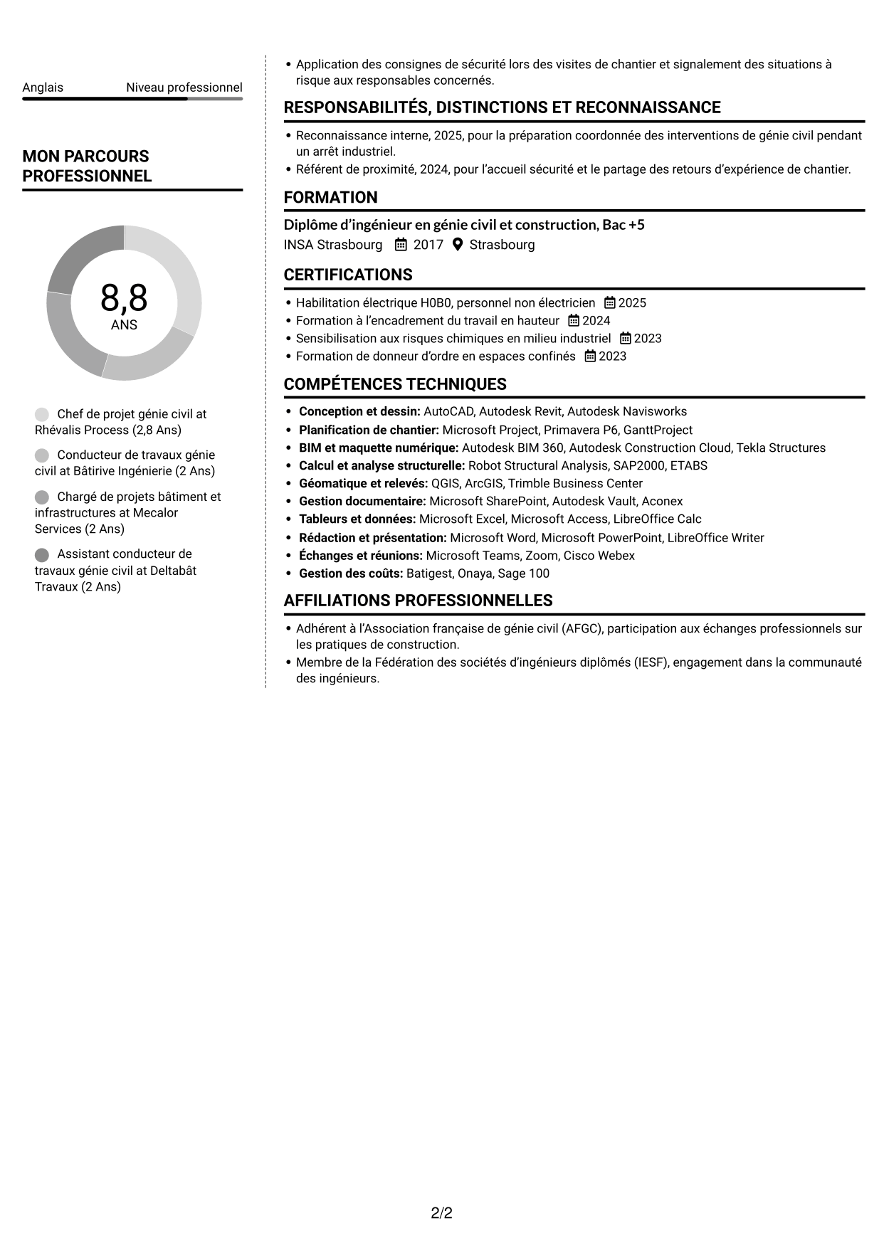 CV Moderne (format à deux colonnes avec photo à gauche et séparateur) : Chef de projet génie civil - Infrastructures industrielles, page 2