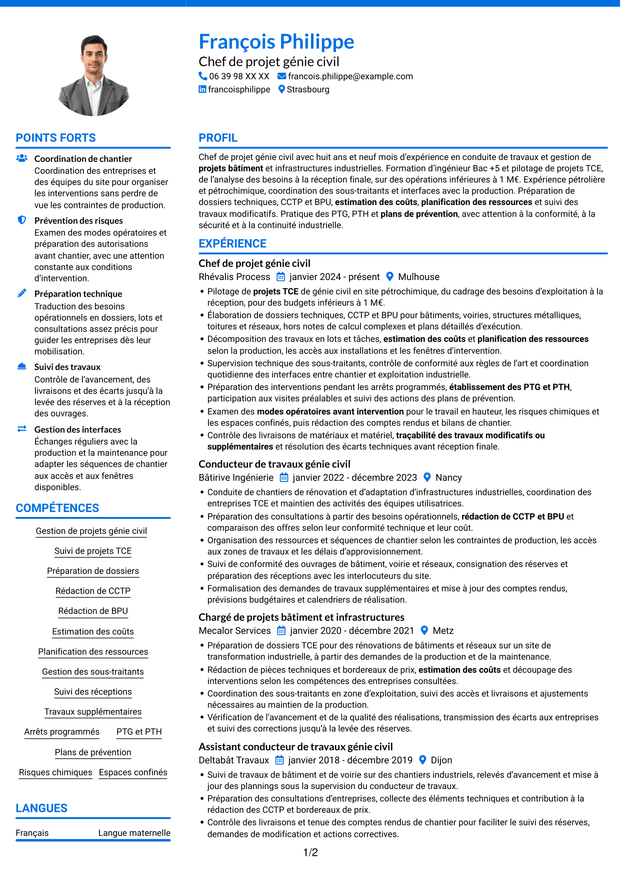 CV Audacieux (format à deux colonnes avec accents colorés et photo) : Chef de projet génie civil - Infrastructures industrielles, page 1