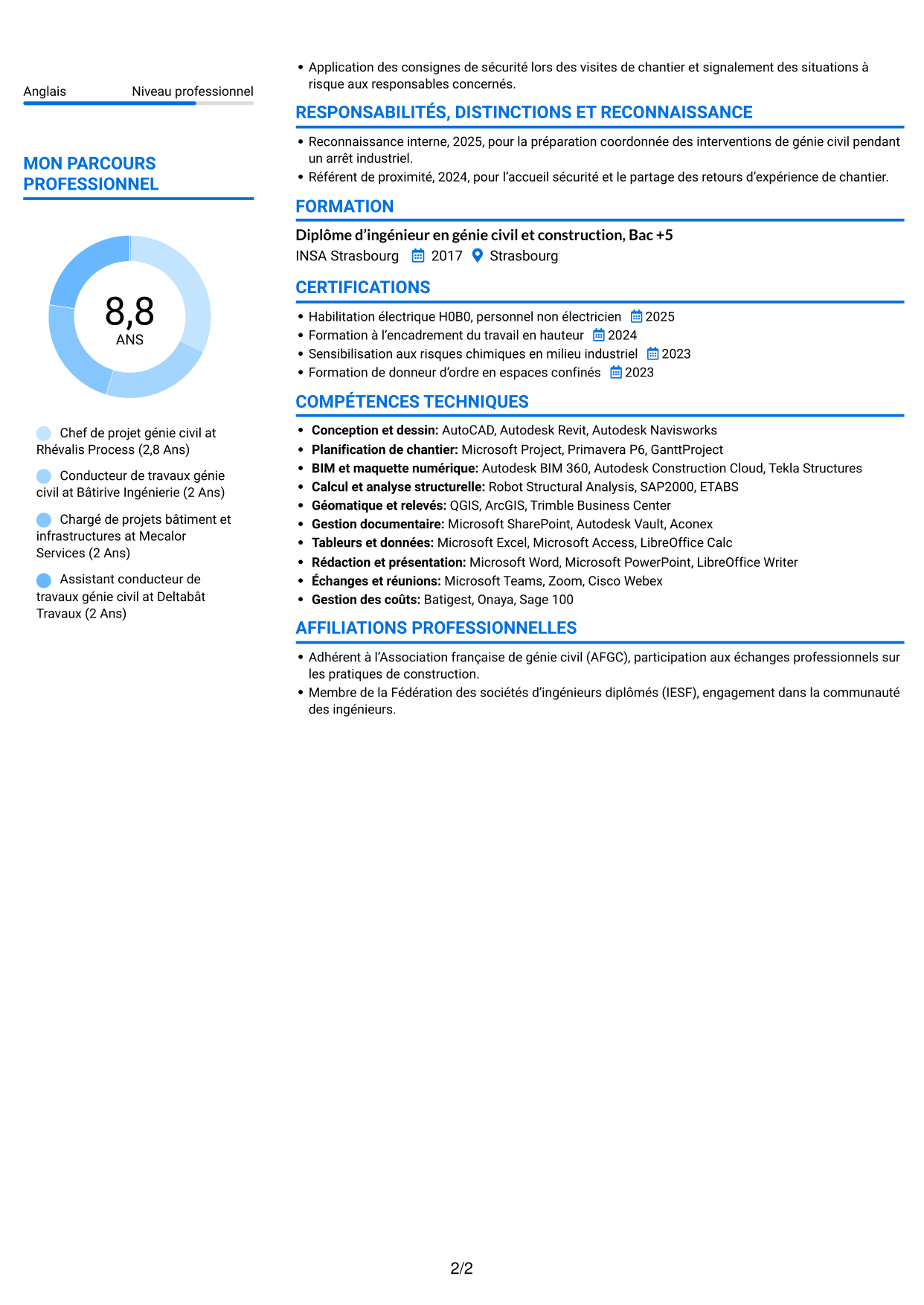 CV Audacieux (format à deux colonnes avec accents colorés et photo) : Chef de projet génie civil - Infrastructures industrielles, page 2