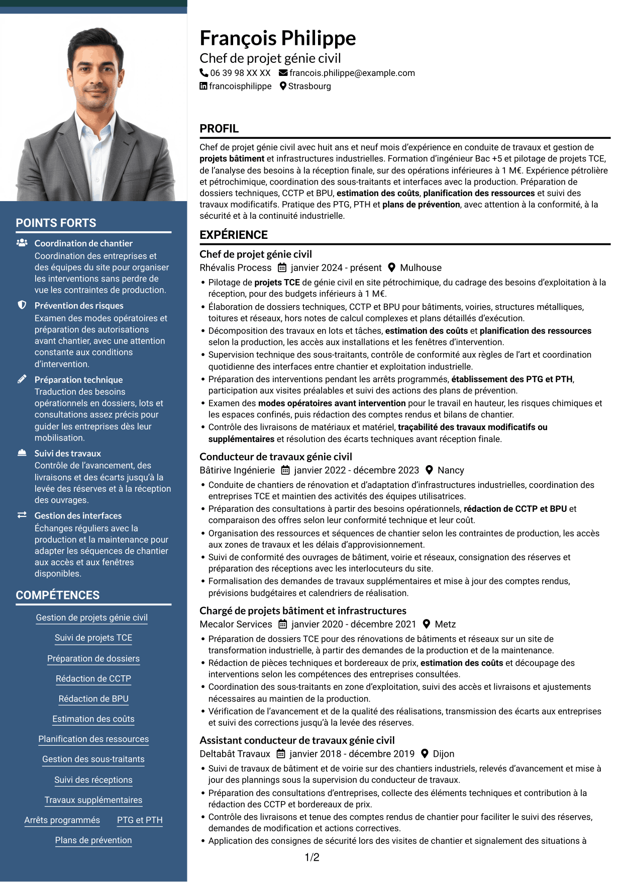CV Signature (format à colonne latérale colorée avec grande photo) : Chef de projet génie civil - Infrastructures industrielles, page 1